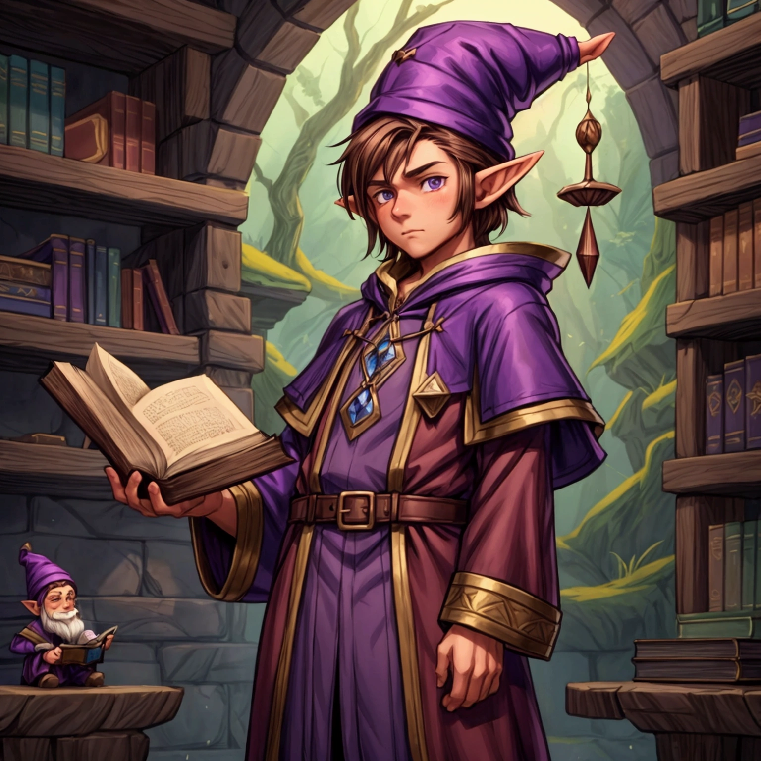 Young Gnome, Fantasy gnome, Alchemist magician, Young Sorcerer, pointy ears, Barba outfit, Brown hair, tousled hair, tunica address, purple clothes, pointed hat, sorcery book, Stubble, short stature, little, low, Simple details, anime, 4k