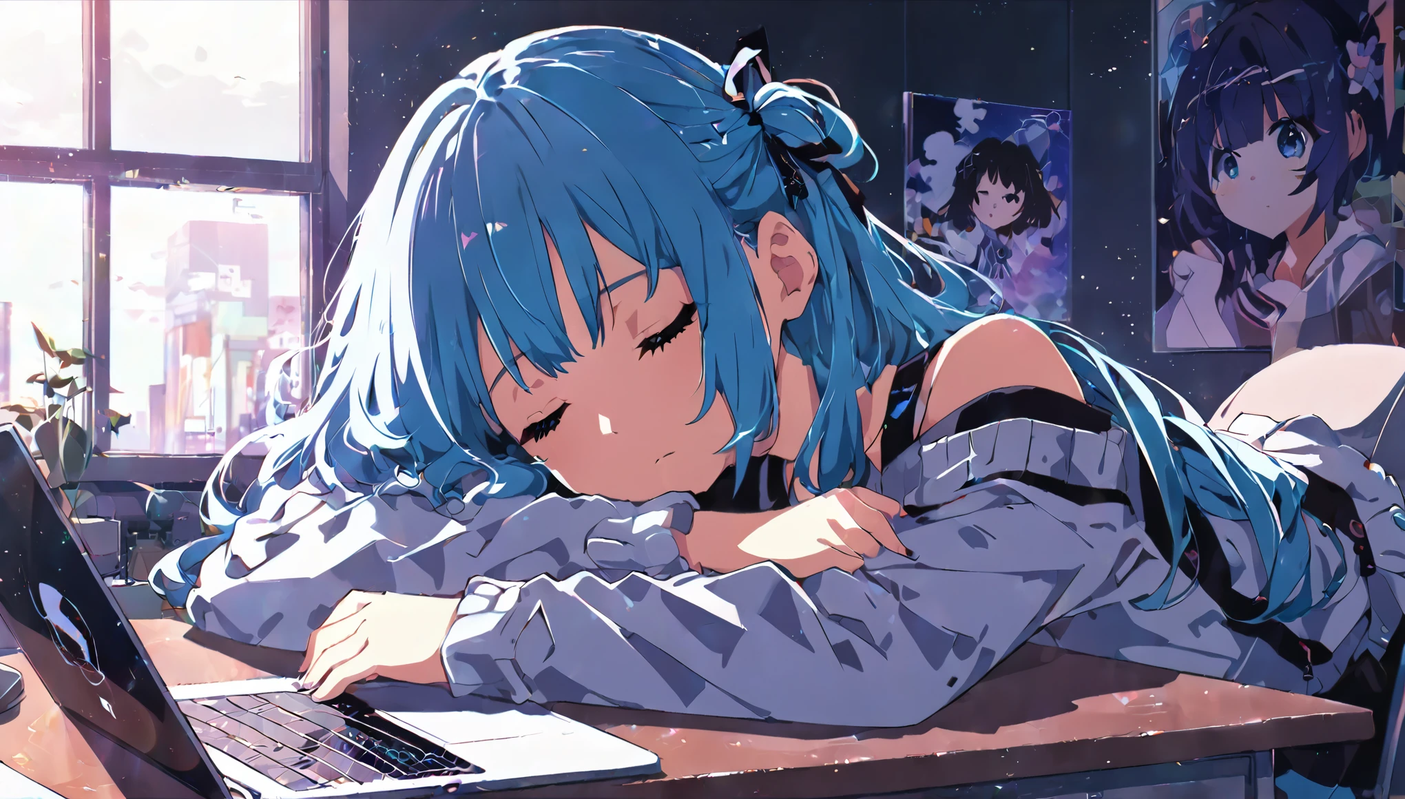 Anime girl sleeping on a desk with a laptop, Nightcore, Lo-fi art style, LOFI Girl, Anime Style 4k, Anime Aesthetics, Anime atmosphere, anime art wallpaper 4k, anime art wallpaper 4k, Lo-fi feeling, relaxed mood, Gweiz-style artwork, Portrait of Rofi,8k