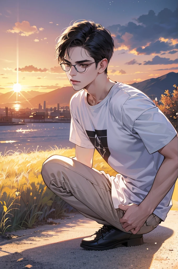 (absurdres, highres, ultra detailed, realistic, ), 1 boy,mature, solo, short black hair, white T-shirt,brown eyes, (glasses),looking at the sky, sunset sky background, ultra - detailed, best quality, Detailed diagram, vectorized, 8K, Graphic design, vector lines, Full-HD,full body