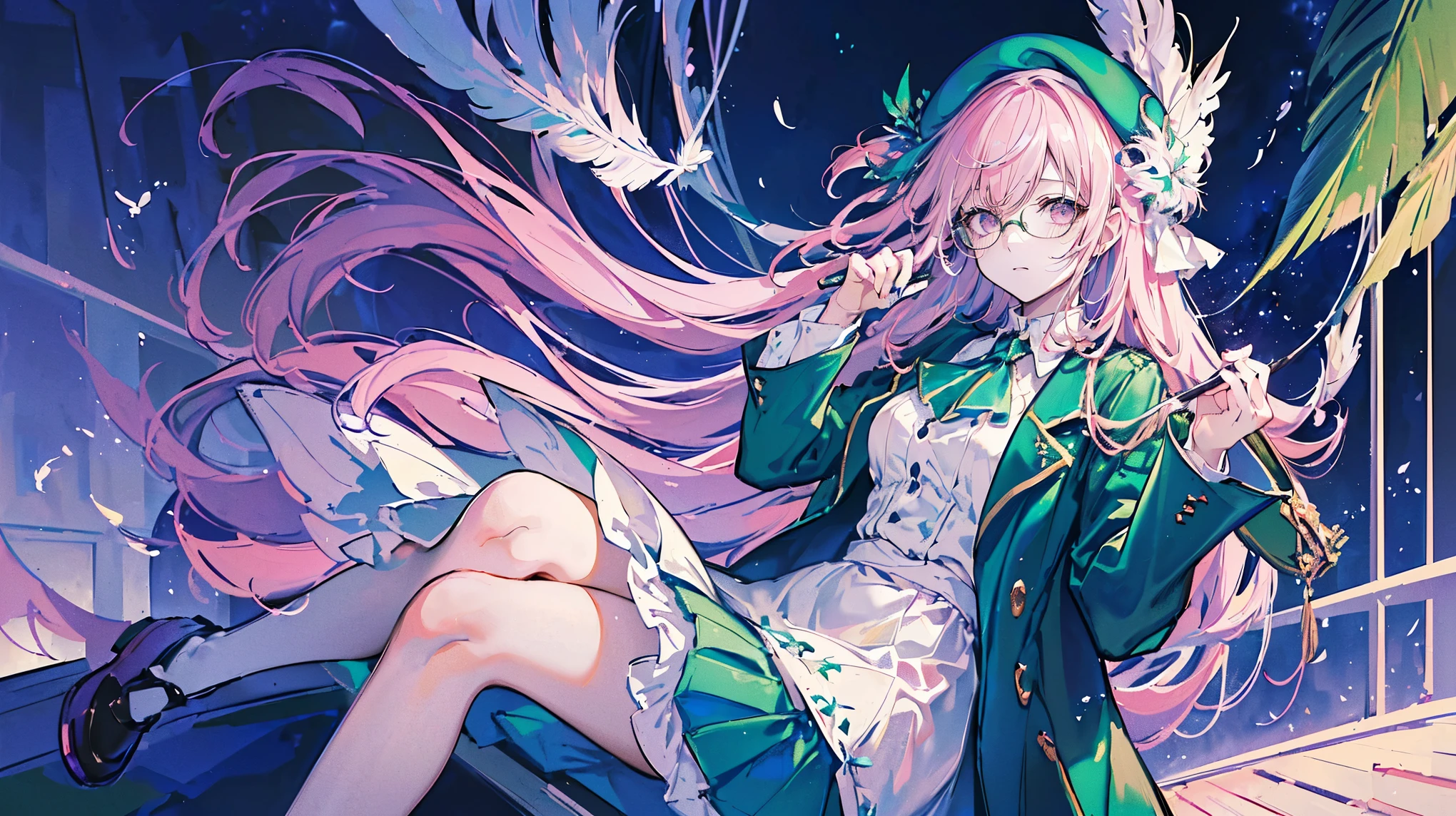 (Super detailed)),((illustration)),((masterpiece)),(((need))),((fine、Highest quality CG Unity 8K wallpapers,masterpiece),((4K,masterpiece,best quality)),Woman with pink hairstyle,Waist-length hair,writer,Wearing a beret,Eyes like sapphires,wearing glasses,Born into nobility,Wearing a plain fluffy long skirt made of white fabric,Wearing an emerald coat,Wearing white shoes,Medium breasts,Sitting on a white bench, thinking,Mature and thoughtful,Holding a feather pen in his right hand, he is creating,In a train,Outside is a universe filled with stars,individual,Full body picture
