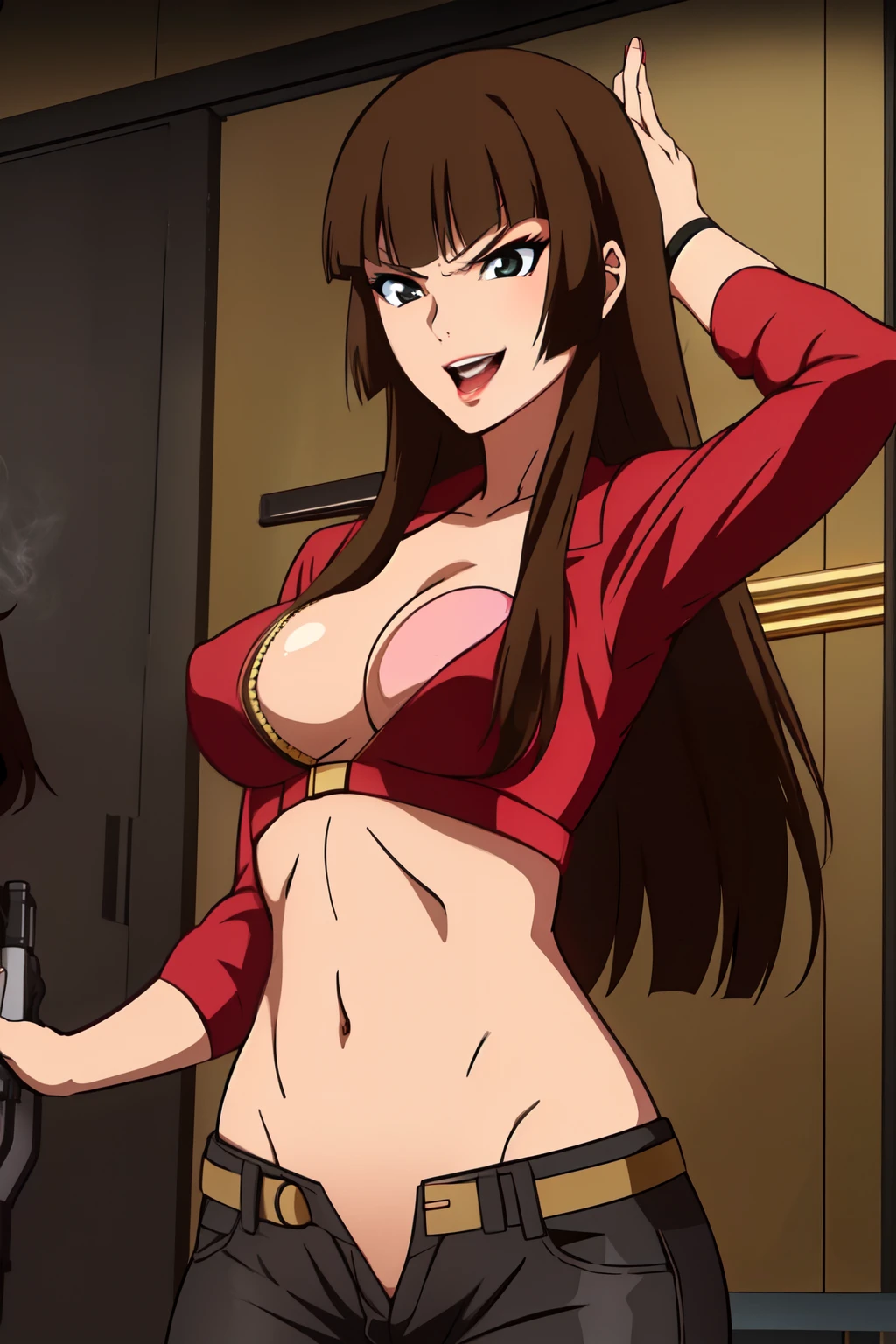 brown hair,long hair,yumi sayaka, blush, lipstick, Hot girl, baddie, staring, glaring, bad attitude, mean girl, crazy, smoking, sensual, attractive, bar background, inside bar, indoor, masterpiece, best quality, highly detailed, a girls with a gun, evil smile , open mouth, sexy gaze, badass
pose , evil smile, smile, (nsfw) not safe for work, guns blazing, anime girl with long hair, beautiful long
haired girl, navel, evil expression, exposed belly, exposed navel, exposed midriff, exposed lower belly,
long black pants, crop top, cleavage, unbuttoned leather pants ,open fly, low rise black leather pants,
leather jacket, holding a gun, holding pistol, , arms up, lipstick,open
arms sideway, arms T-pose, smirk, standing, anime girl T posing