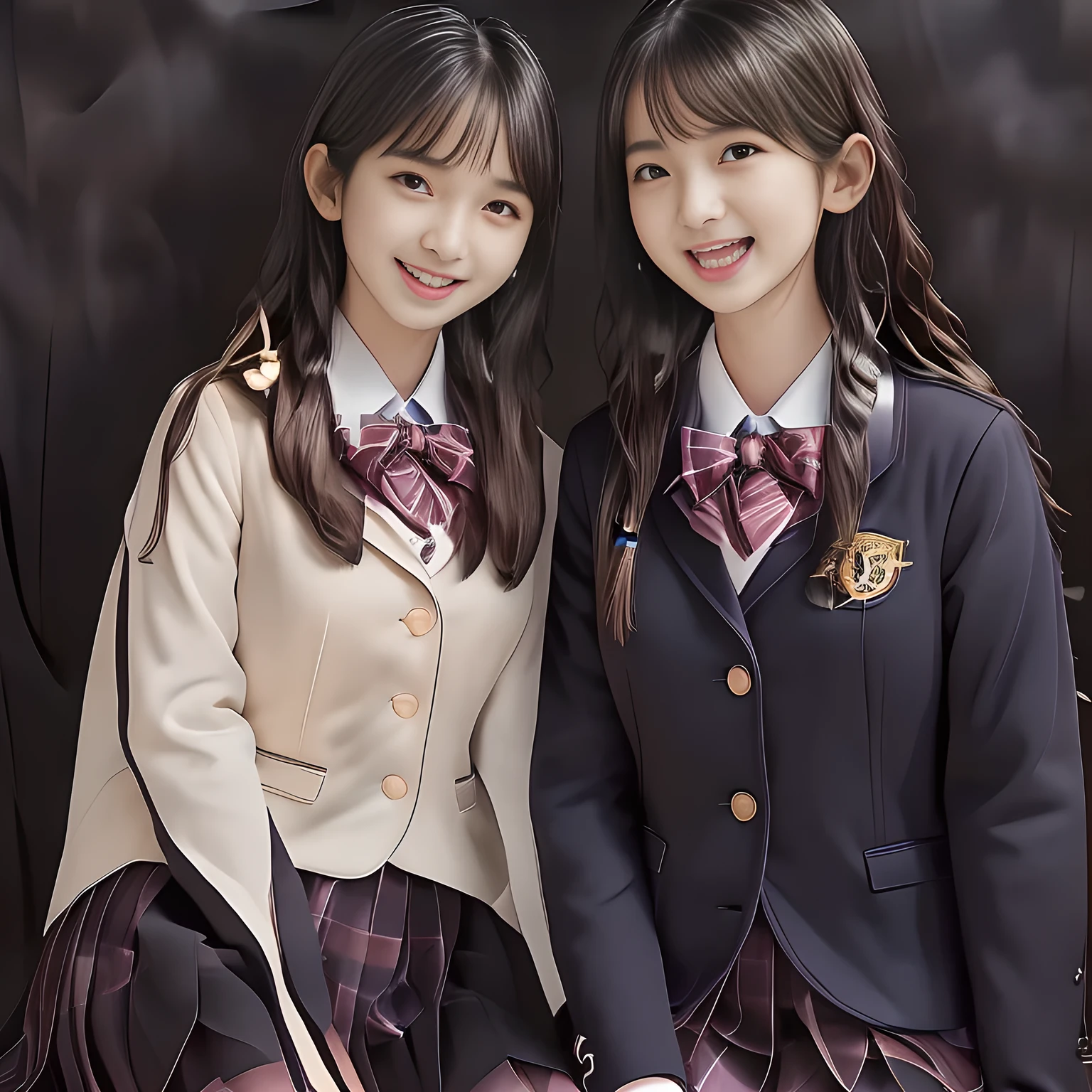 (Highest quality, masterpiece:1.2), Highest quality, High resolution, 1080P, 8k, height: 158cm, super long black hair, ((Seven noble, graceful and intelligent  Japanese young long hair idles who have a best proportion are seated and singing religious hymn chorus with opening their mouth, all of them are watching at me!: 1.5)), ((So sweet, very noble, neat, and pretty 14yoanese beautiful fashion magazine models are surrounding me and looking gracefully at me: 1.6)), ((All of them are looking directly at me,)) ((((Very pure white face and limbs)))), Glossy Lips, (Evenly cut curled bangs), ((Very beautiful, droopy, cute, pure, noble, intelligent brown eyes with detailed: 1.6)), ((Gorgeous and very wavy super long black hair, super very long wavy black hair, beautiful wavy hair like a princess: 1.8)), (Very shiny, glossy Lips), Watch at you, ((Incredibly well organized, Rich facial expressions)), ((Plump and beautiful white skin and face)), ((Pure, clear, gentle brown eyes)), ((staring at me)), Glossy Lips, ((Noble and elegant)), ((Large upward-curving lips)), ((((Navy gorgeous Japanese school blazer with noble golden emblem)))), ((Navy and sapphire blue Japanese school gorgeous uniform)), ((Tartan check pattern dark blue and navy pleated gorgeous skirt with beautiful white fat calf: 1.0)), ((Blue gloss chest ribbon: 1.0)), ((((An ecstatic expression of boundless joy)))), (((Beauty and fashion magazine for young girls))), ((Cute beautiful knees)), ((Well-shaped ample breasts)), ((Tilting his head and smiling)), ((Plain darkness background: 1.5)), (Singing in religious happiness and inviting me to the happiness with them: 1.0), ((Too beautiful women to stop falling into them: 1.6)), ((They are in fact succubi and seated with strong religious temptation)), Shooting from the side