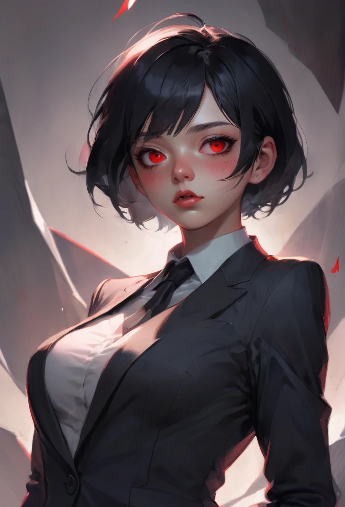 A girl with short black hair, skin fair, red eyes, scar on face looking up, Lightly open mouth , when a suit