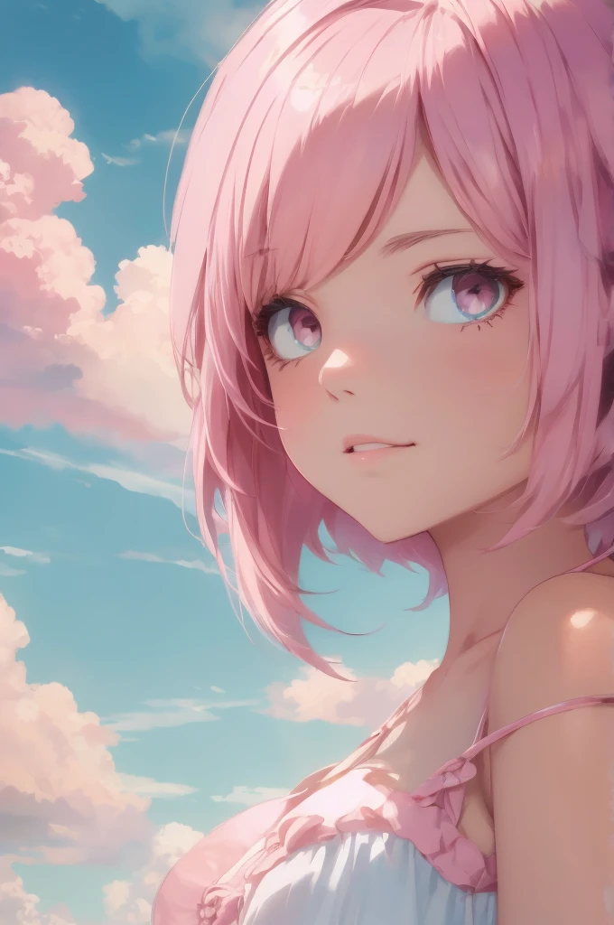 Absurd, High resolution, Very detailed, A beautiful girl merged into a pink cloud floating in the sky, Bob cut blended into the clouds, (Hold Pink Cloud), de luz, Pale pink style, Pale colors, Bright colors, Fantasy watercolor style, Soft Blending, A dreamy, romantic wash, Refreshing texture