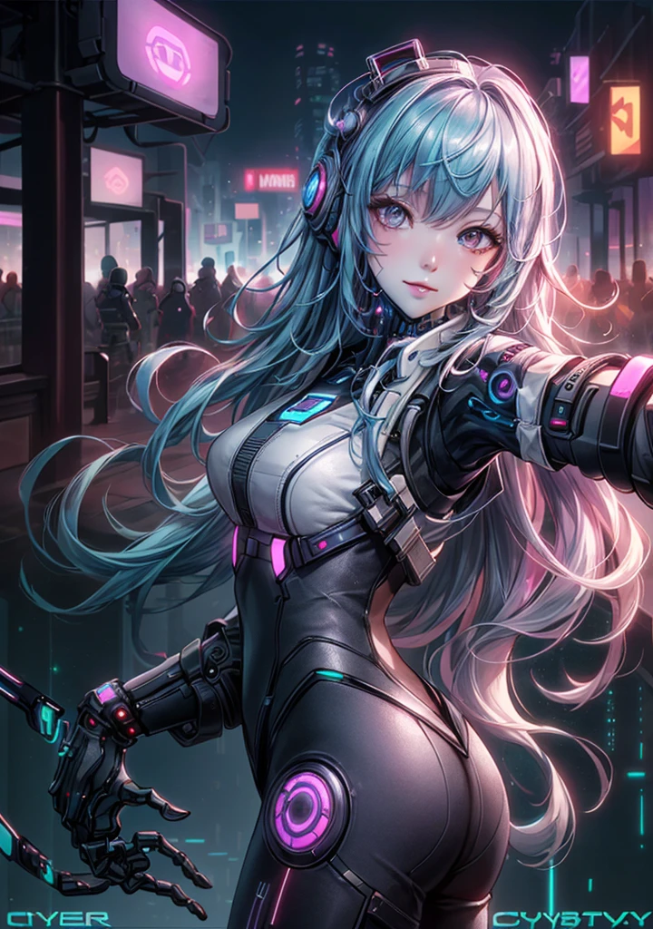 Analog Style, Too many model shoots, (Selfie:1.8), One girl, (cyber punk:1.8, cyber punk city background:1.8), ((Cute Face: 1.8, Perfect Face:1.3)), (Long and colorful hair:1.4, Pale skin:1.5), (From above:1.4, From behind), Highest quality, (color, Hyper Detail:1.5), Octane Rendering, Ultra-realistic texture, Tabletop, Very detailedな CG Unity 8K 壁紙, Very detailed, Ultra-realistic Light