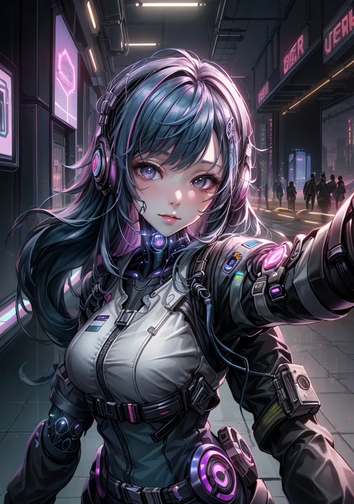 Analog Style, Too many model shoots, (Selfie:1.8), One girl, (cyber punk:1.8, cyber punk city background:1.8), ((Cute Face: 1.8, Perfect Face:1.3)), (Long and colorful hair:1.4, Pale skin:1.5), (From above:1.4, From behind), Highest quality, (color, Hyper Detail:1.5), Octane Rendering, Ultra-realistic texture, Tabletop, Very detailedな CG Unity 8K 壁紙, Very detailed, Ultra-realistic Light