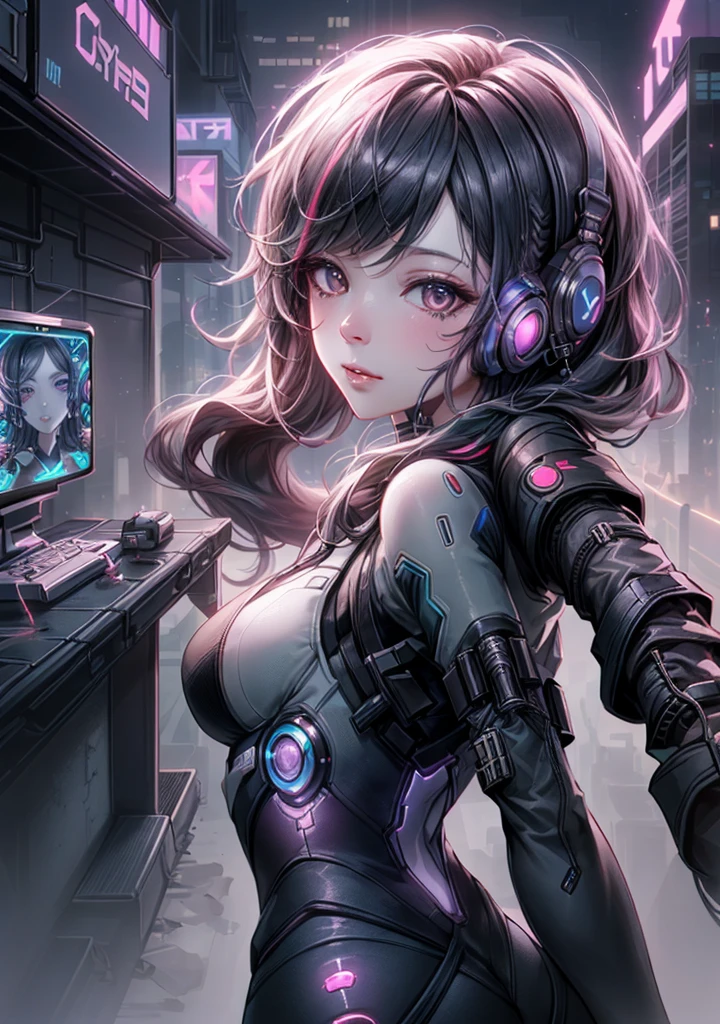 Analog Style, Too many model shoots, (Selfie:1.8), One girl, (cyber punk:1.8, cyber punk city background:1.8), ((Cute Face: 1.8, Perfect Face:1.3)), (Long and colorful hair:1.4, Pale skin:1.5), (From above:1.4, From behind), Highest quality, (color, Hyper Detail:1.5), Octane Rendering, Ultra-realistic texture, Tabletop, Very detailedな CG Unity 8K 壁紙, Very detailed, Ultra-realistic Light