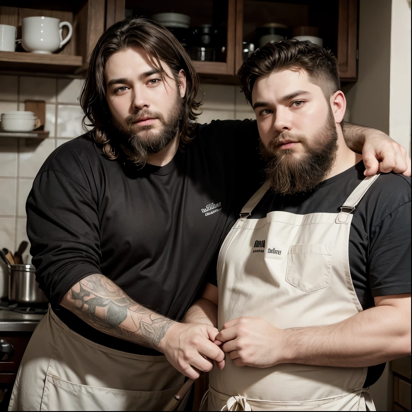 fat poet, bearded, with dark brown hair, apron and brush, leaning on a friend's shoulder