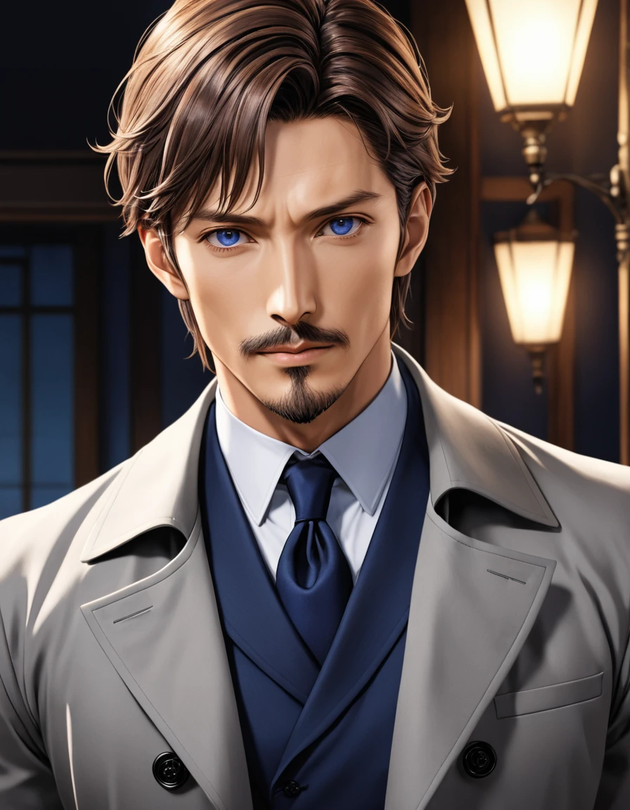 1man, mature male, parted bangs, medium-short hair, brown hair, muscular male celeb, short goatee, short mustache, indigo eyes, gentleman, elegant netori male, dark iris, ideal ratio body proportions, BREAK solo, white collared shirt, gray trench coat, black neck ribbon, upperwaist, BREAK in gentle sasaki style, visual novel, 2010s, extreme all detailed, masterpiece, best quality, BREAK score_9, score_8_up, score_7_up, source_anime, score_6_up, score_5_up, score_4_up