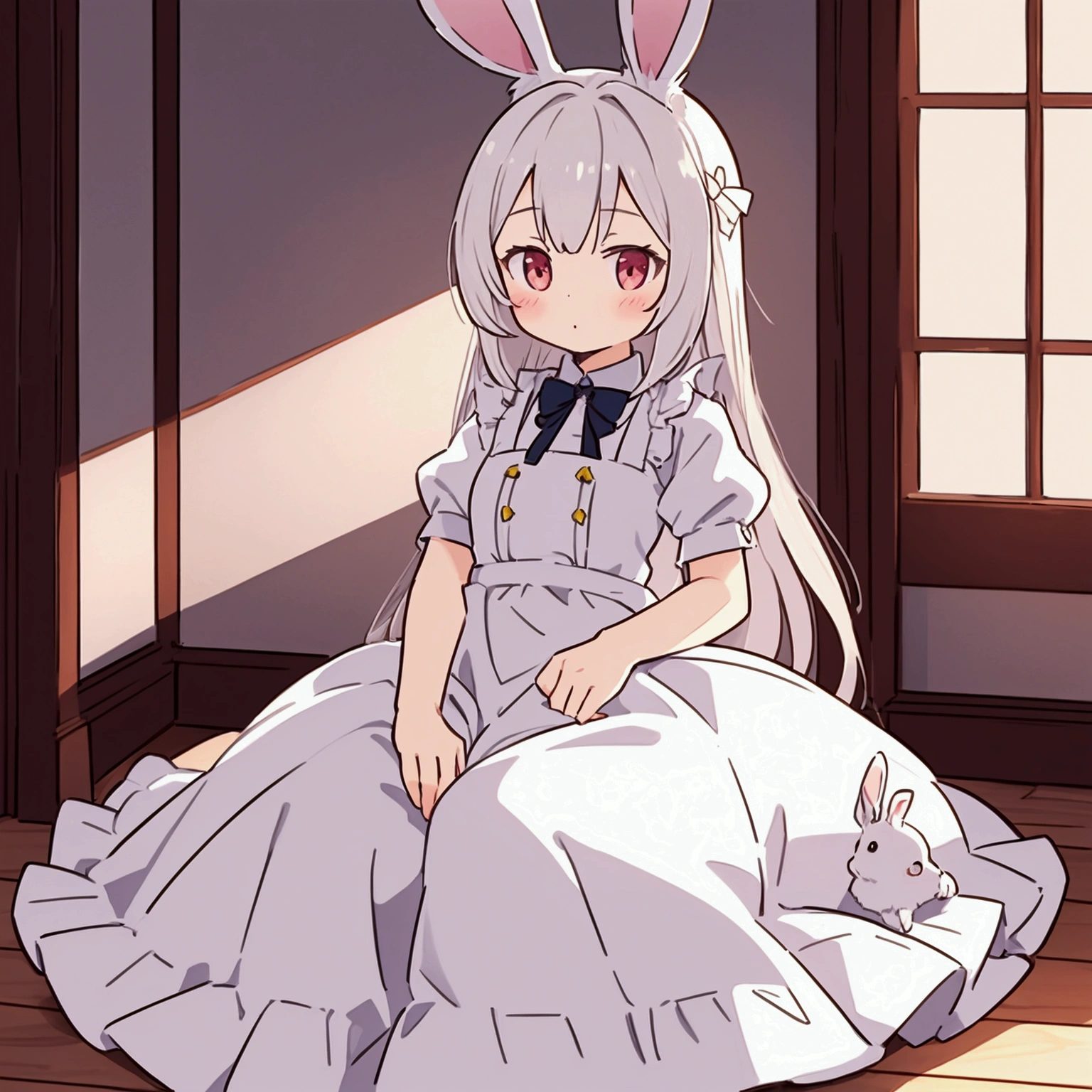 kemono, rabbit woman, cute look, dress, domestic environment, traditional design, flat ilumination