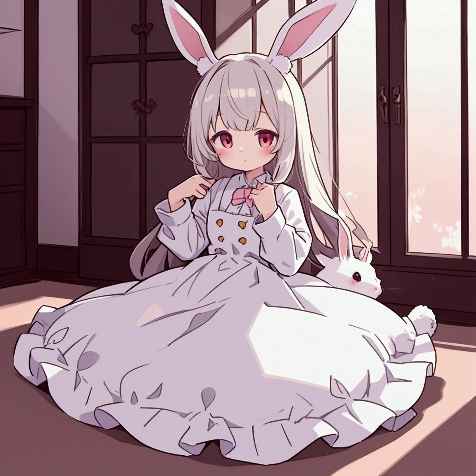 kemono, rabbit woman, cute look, dress, domestic environment, traditional design, flat ilumination