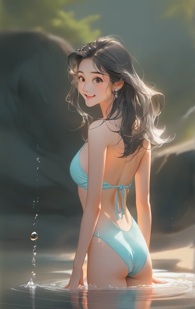 (Turning around), (Amaterasu), leaning forward, back view, smiling, (((All fours))), (((Focus on bust)))
, ((Developing female body))), beautiful hips, light blue swimsuit, small bust, photography, blushing, cute bikini, wet, wet oil, shining skin, outdoors, beachside, black hair, (Light transparency: 1.3), light dispersion, light scattering, quietly shining water surface, sunset