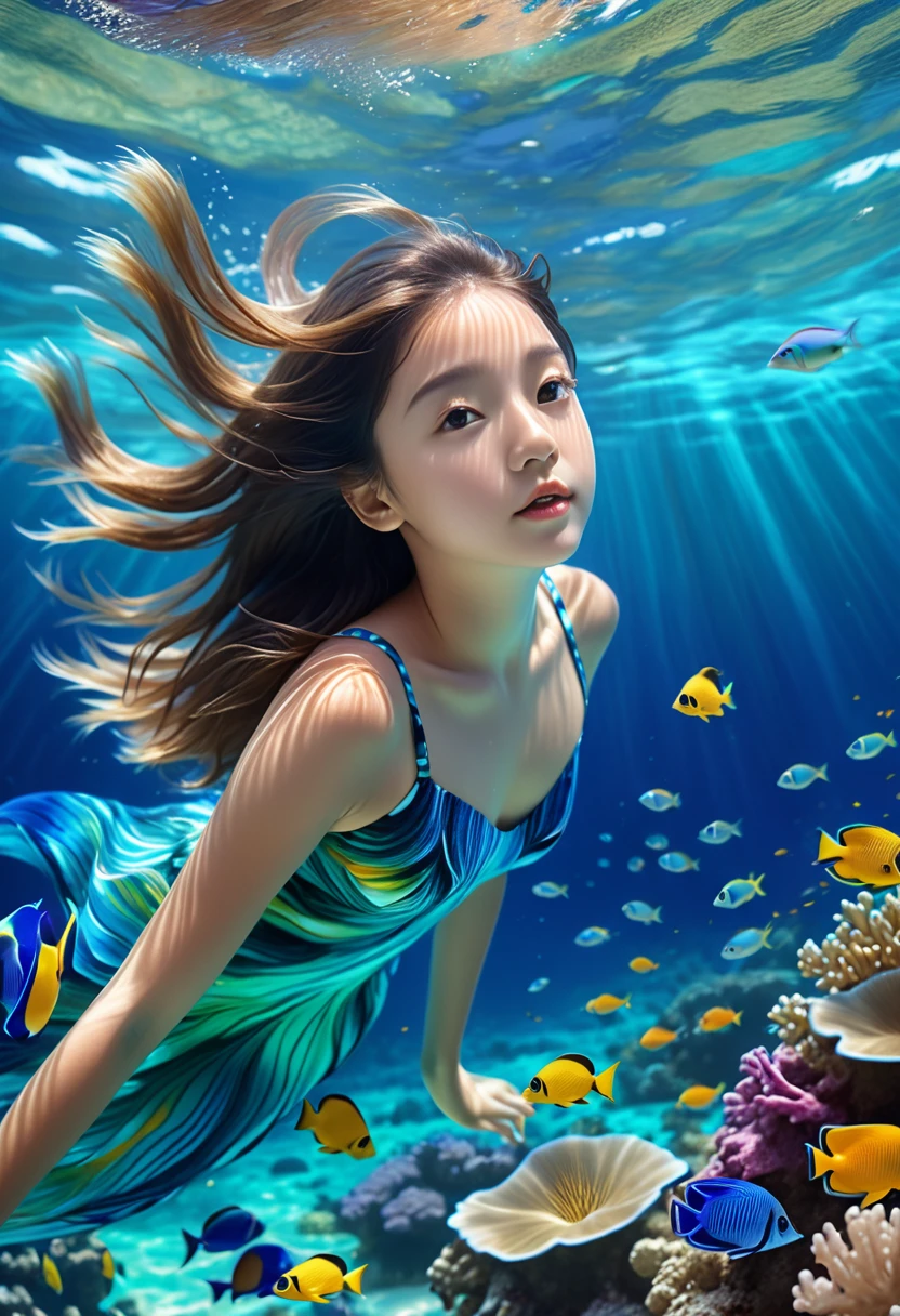 beautiful detailed ocean,underwater seascape,crystal clear water,vibrant blue and teal colors,schools of colorful tropical fish,coral reef,sunlight shimmering on the water,beautiful detailedboy swimming,long flowing hair,graceful underwater poses,realistic photorealistic 8k