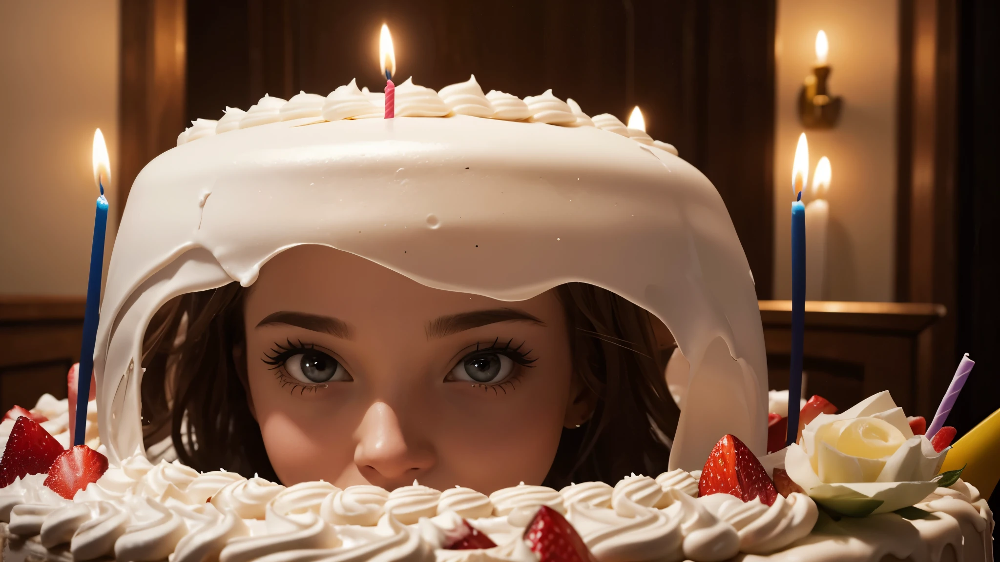 High Definition. Naked woman comes out of a birthday cake. The cake is open at the top and the woman comes out from inside.