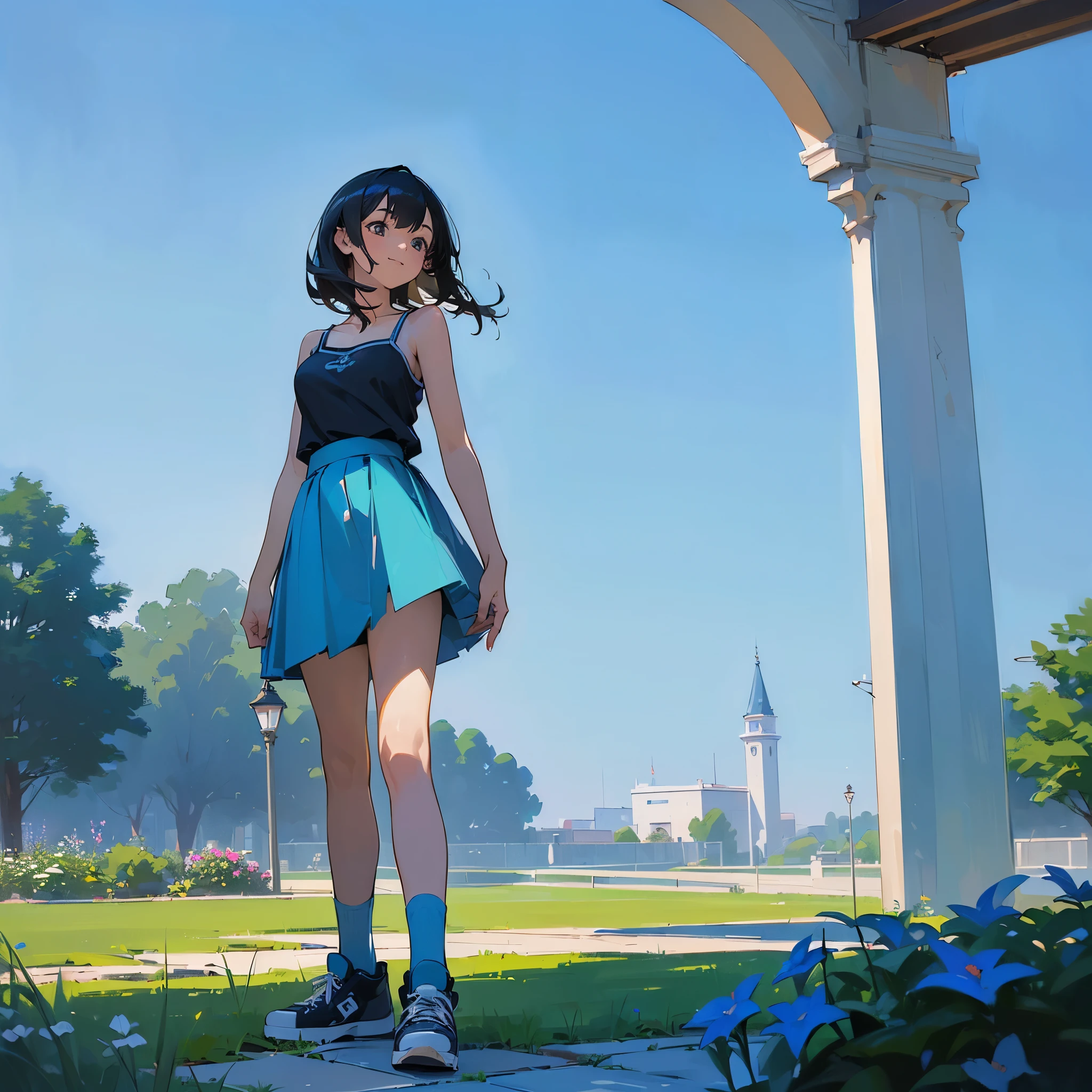 (high quality, High resolution, Very detailed, reality:1.37), Peaceful atmosphere, (Outdoor, garden), Teenage girl standing alone, (my breasts are big.), Beautiful details, Cute Smile, (Black bob hair), camisole, Blue Skirt, Blue socks, sneakers.