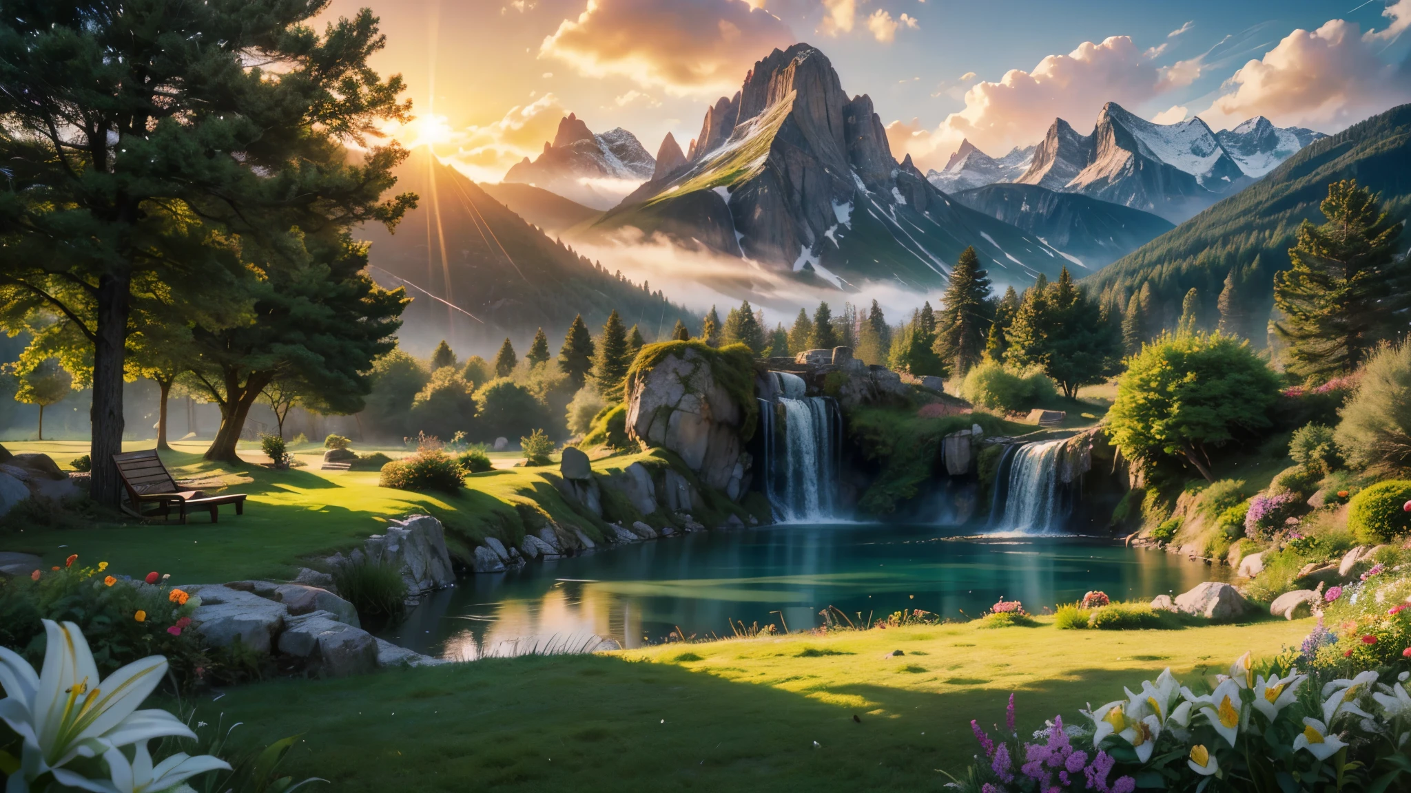 fairytale chateaux with ornamented fantasy garden in a valley with huge dramatic montains in the distance,lawn, deep clear natural pools with lilies bogwood insects rocks, plants flowers shrubs trees moss lawns grass,sunset and strong sunbeams,very hazy and misty,extreme details,photorealistic,4k,HD,beautiful,nature, dreamy