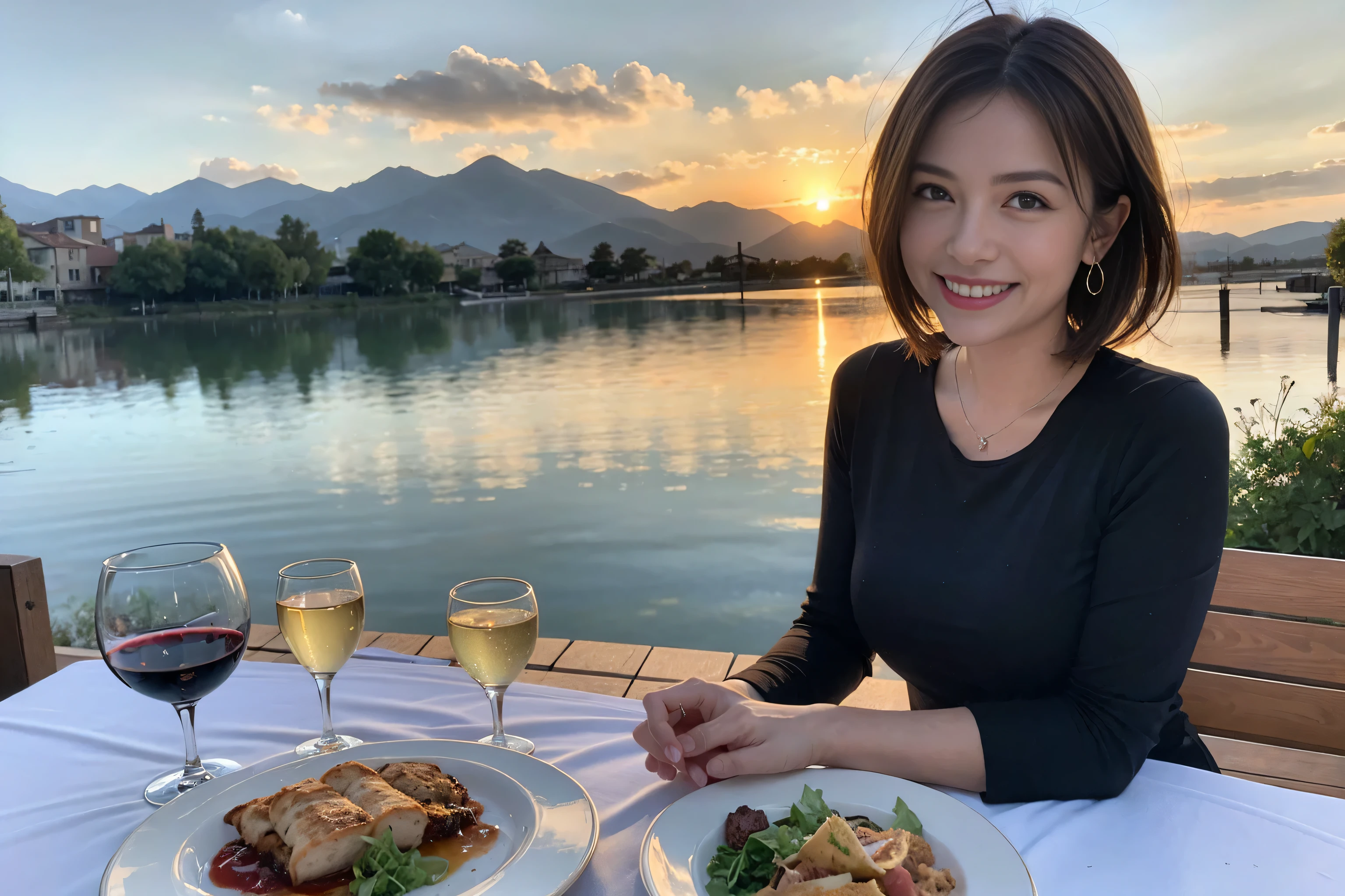 （Realistic:1.1）,(masterpiece,Highest quality)，8k,(49 years old), 53 years old, slimカップル、Tight waist,Upper Body,full-course dinner、wine 、Amazing view of the sunset sky and clouds、Perfect Anatomy, Brown Hair, short hair,Random Hairstyles,((Highly detailed face and eyes:1.2))，Perfect golden ratio face，Long sleeve shirt、dress,(smile:1.2)、Shortcuts、cute、(Realistic, Intricate details:1.2), A bright smile、short hair,Bright Face、赤wine 、Appetizers、Italian food、wine bottle、Champagne、スパークリングwine、(slimな顔), (The body is slim), (Brown Hair), (Shortcuts),  Upper Body, 白wine, slim, wineグラス, 