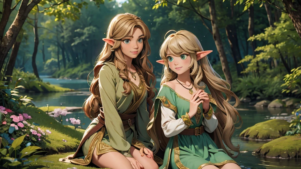 Create a detailed illustration of a character named Mia in a magical forest setting. Mia is a young half-human, half-elf woman with the following characteristics: Hair: Light brown with golden highlights, long and slightly wavy. Eyes: Green, with a touch of shine. Ears: Slightly pointed, reflecting his elven heritage. Clothing: She wears a green and brown outfit made from natural materials, adorned with leaves and flowers. His costume is light and allows ease of movement, with a touch of magical elegance. Accessories: She wears a delicate necklace with a sparkling crystal pendant. Pose: Mia is sitting next to a crystal clear lake. She has a serene, relaxed expression on her face.