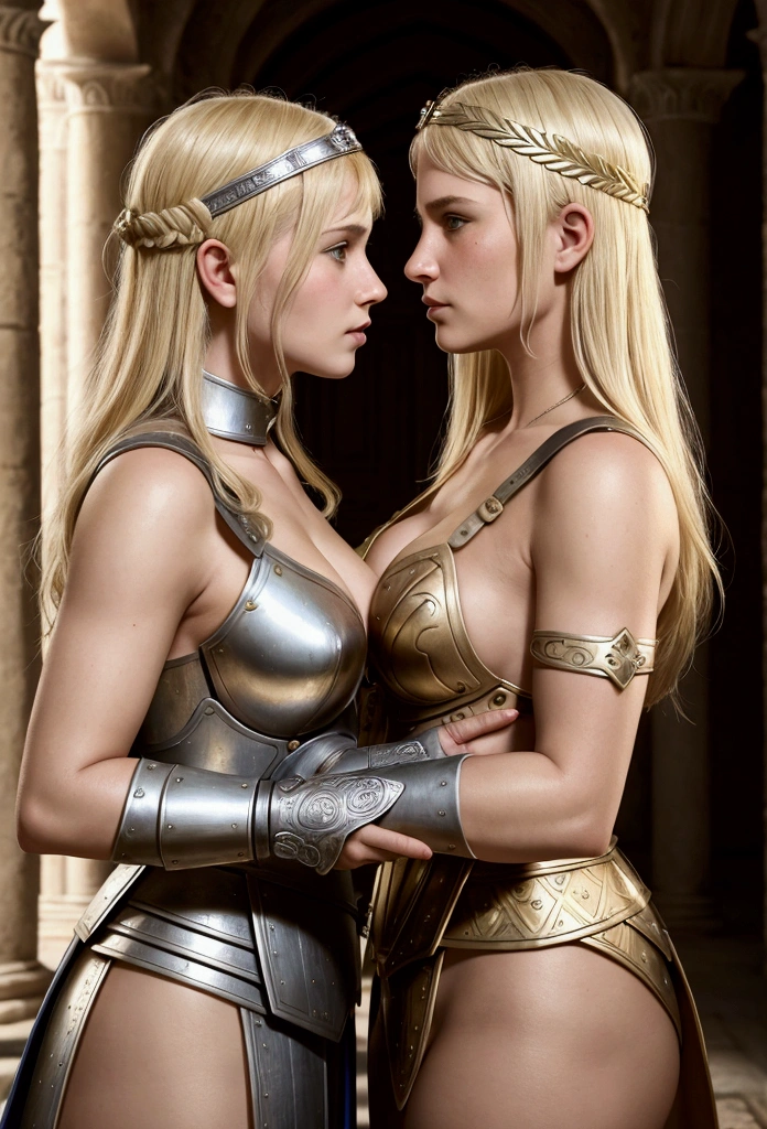 mother and daughter portrait break: mature woman, roman warrior, queens blade , middle age, blonde, detailed face, curvy body, fighter position, break: teen girl, roman warrior, princess blade , 13 years old, teenager girl, small breasts, mini cropped, valkyrian princess ,blonde, detailed face, beautiful, confiant, background in uk land with flowers, soft lesbians
