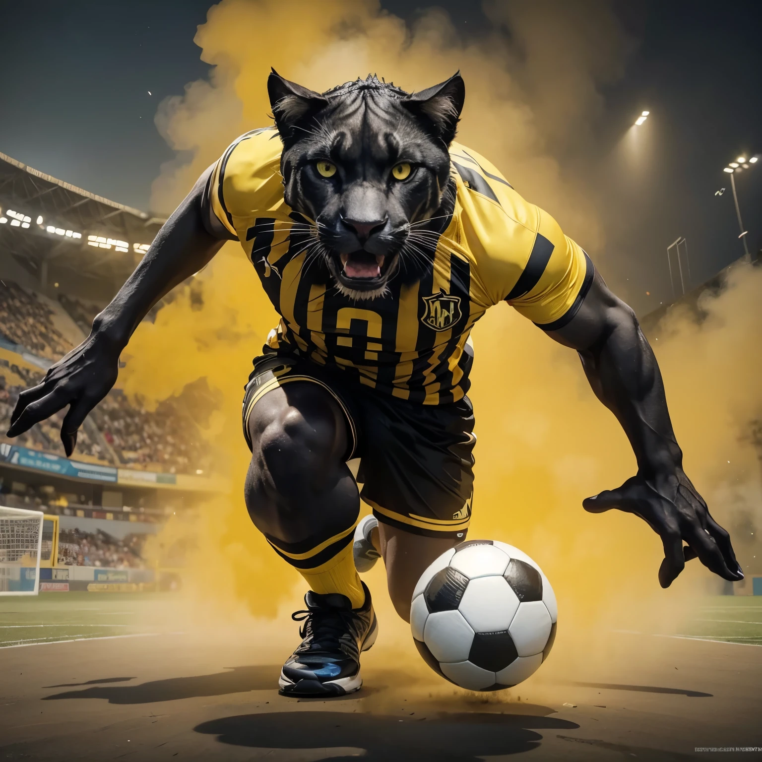 A muscular and strong animated black puma mascot wearing a soccer yellow e black jersey and shorts. The puma stands in an athletic pose on a soccer field, showcasing defined muscles and a bad expression. Its eyes are focused and determined, exuding confidence and power. . The style is cartoonish with exaggerated features, emphasizing strength and athleticism, suitable for a sports team mascot. High detail, vibrant colors, and dynamic pose."