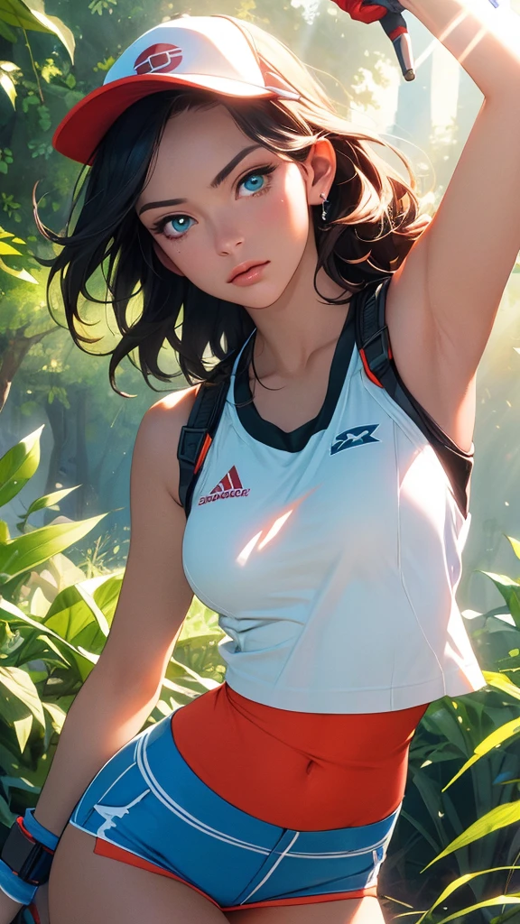 ((((masterpiece, best quality, high resolution)))), Extremely detailed 8K, 1 female, (Pokemon trainer May) wearing a futuristic Pokemon Trainer Gear, (Ultra HD, Ultra-detailed, Highly detailed, Highly realistic, Ultra-realistic, photograph realistic), (1girl:1.5), (Realistic Hair), (dynamic poses), facing at camera, looking at viewer, (a serious focus face), (regular eyes, sharp eyes), (perky breasts:1.2), (beautiful detailed face, beautiful detailed eyes), (dynamic pose), glow, (sunbeam, sunlight), ((cowboy shot)), on the journey background, seductive, EnvyBetterHands LoCon,