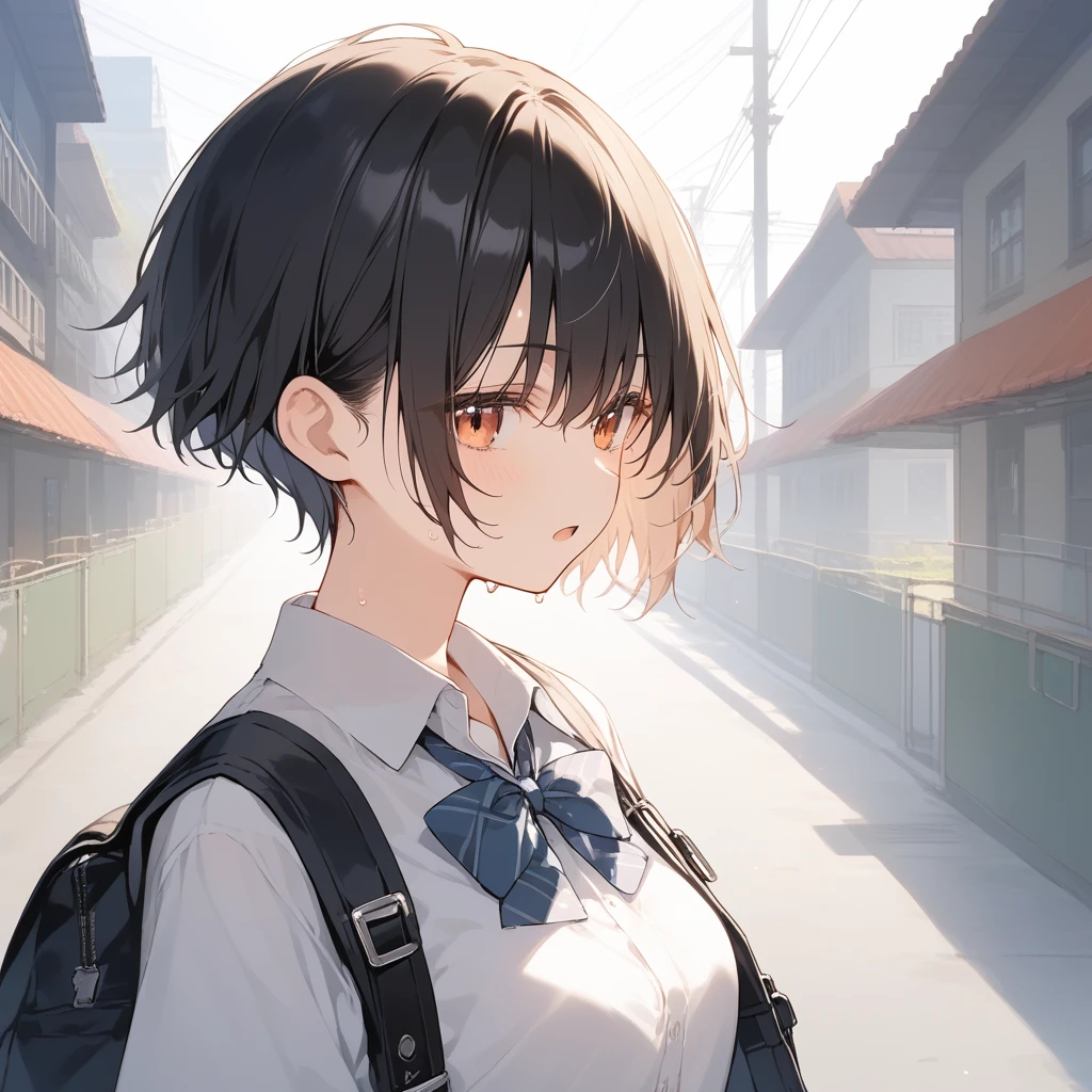 score_9, score_8_up, score_7_up, source_anime, best quality, masterpiece, official art, absurdres, highres, ultra-detailed,waifu2x,Collection: Serious Beauty,break,1girl, very short hair, pixie cut, breasts, beautiful detailed eyes, expressionless, school_uniform,  sweat, open mouth, (yawn:0.3), sleepily, outdoors, school commute route,wind, break,(clear line illustration:1.2), super detailed skin,very high resolution, very aesthetic, Best sexual lighting powered by famous artist, 8k, beauty illustration,photoshop_(medium),,(Detailed Lighting),best anime 8k konachan wallpaper, pixiv contest winner, artist:da-kuro,artist:carnelian ,artist:kantoku ,