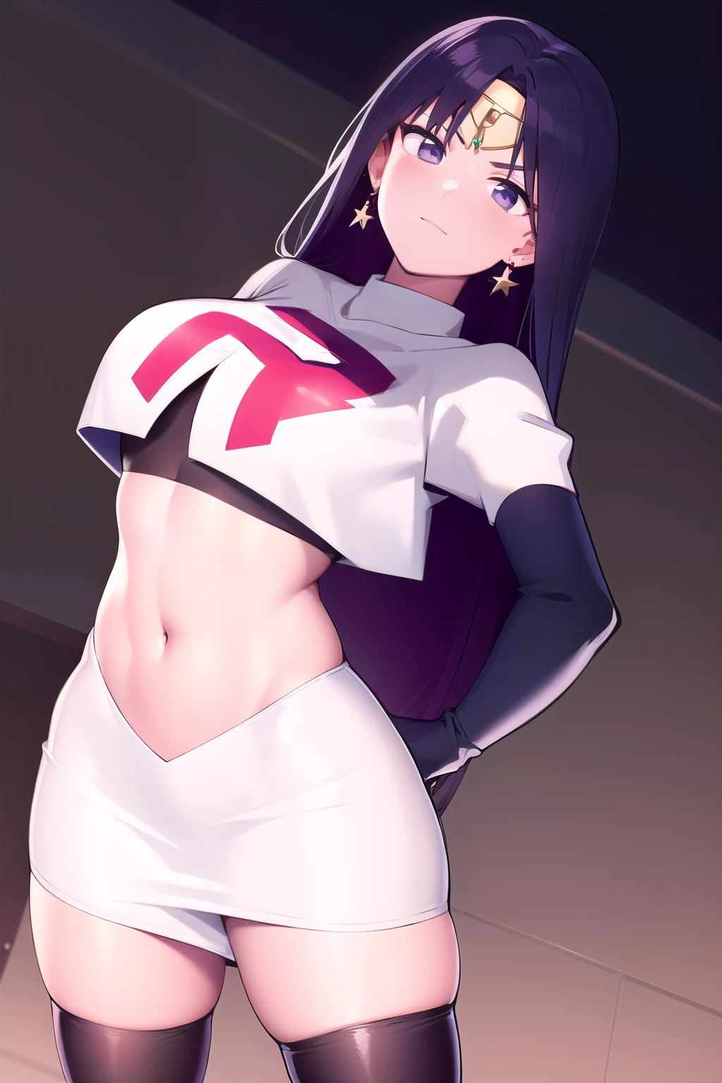 ReiHino, long hair, circlet, jewelry, kizukiAI, mature woman, crescent earrings, team rocket,team rocket uniform,white skirt,red letter R,crop top,black thigh-highs,black elbow gloves, earrings,