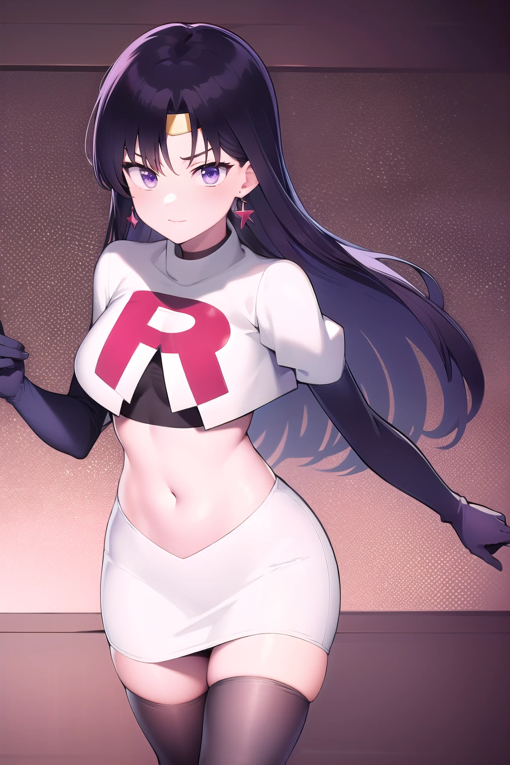 ReiHino, long hair, circlet, jewelry, kizukiAI, mature woman, crescent earrings, team rocket,team rocket uniform,white skirt,red letter R,crop top,black thigh-highs,black elbow gloves, earrings,