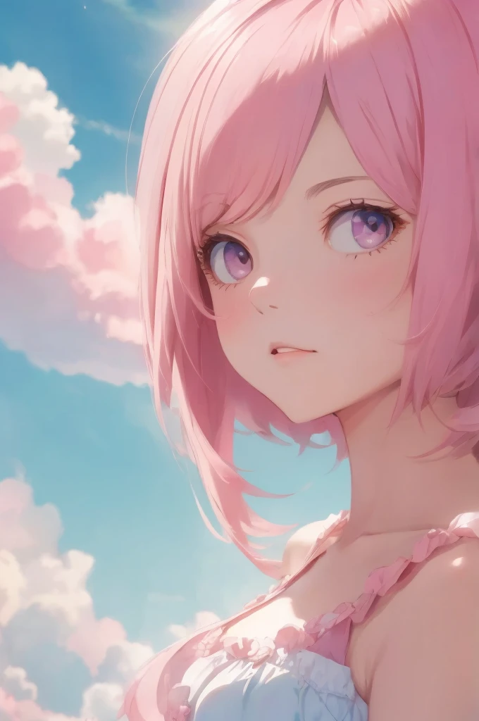Absurd, High resolution, Very detailed, A beautiful girl merged into a pink cloud floating in the sky, Bob cut blended into the clouds, (Hold Pink Cloud), de luz, Pale pink style, Pale colors, Bright colors, Fantasy watercolor style, Soft Blending, A dreamy, romantic wash, Refreshing texture