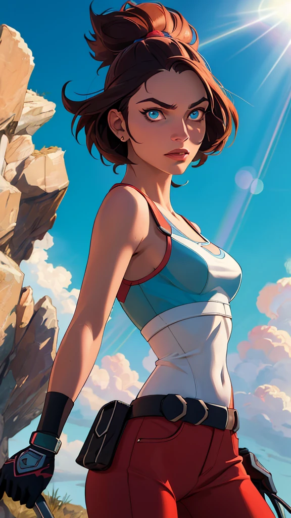 ((((masterpiece, best quality, high resolution)))), Extremely detailed 8K, 1 female, (Pokemon trainer May) wearing a futuristic Pokemon Trainer Gear, (Ultra HD, Ultra-detailed, Highly detailed, Highly realistic, Ultra-realistic, photograph realistic), (1girl:1.5), (Realistic Hair), (dynamic poses), facing at camera, looking at viewer, (a serious focus face), (regular eyes, sharp eyes), (perky breasts:1.2), (beautiful detailed face, beautiful detailed eyes), (dynamic pose), glow, (sunbeam, sunlight), ((cowboy shot)), on the journey background, seductive, EnvyBetterHands LoCon,