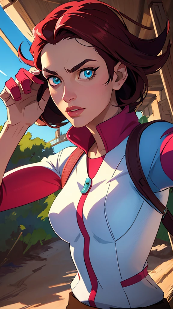 ((((masterpiece, best quality, high resolution)))), Extremely detailed 8K, 1 female, (Pokemon trainer May) wearing a futuristic Pokemon Trainer Gear, (Ultra HD, Ultra-detailed, Highly detailed, Highly realistic, Ultra-realistic, photograph realistic), (1girl:1.5), (Realistic Hair), (dynamic poses), facing at camera, looking at viewer, (a serious focus face), (regular eyes, sharp eyes), (perky breasts:1.2), (beautiful detailed face, beautiful detailed eyes), (dynamic pose), glow, (sunbeam, sunlight), ((cowboy shot)), on the journey background, seductive, EnvyBetterHands LoCon,