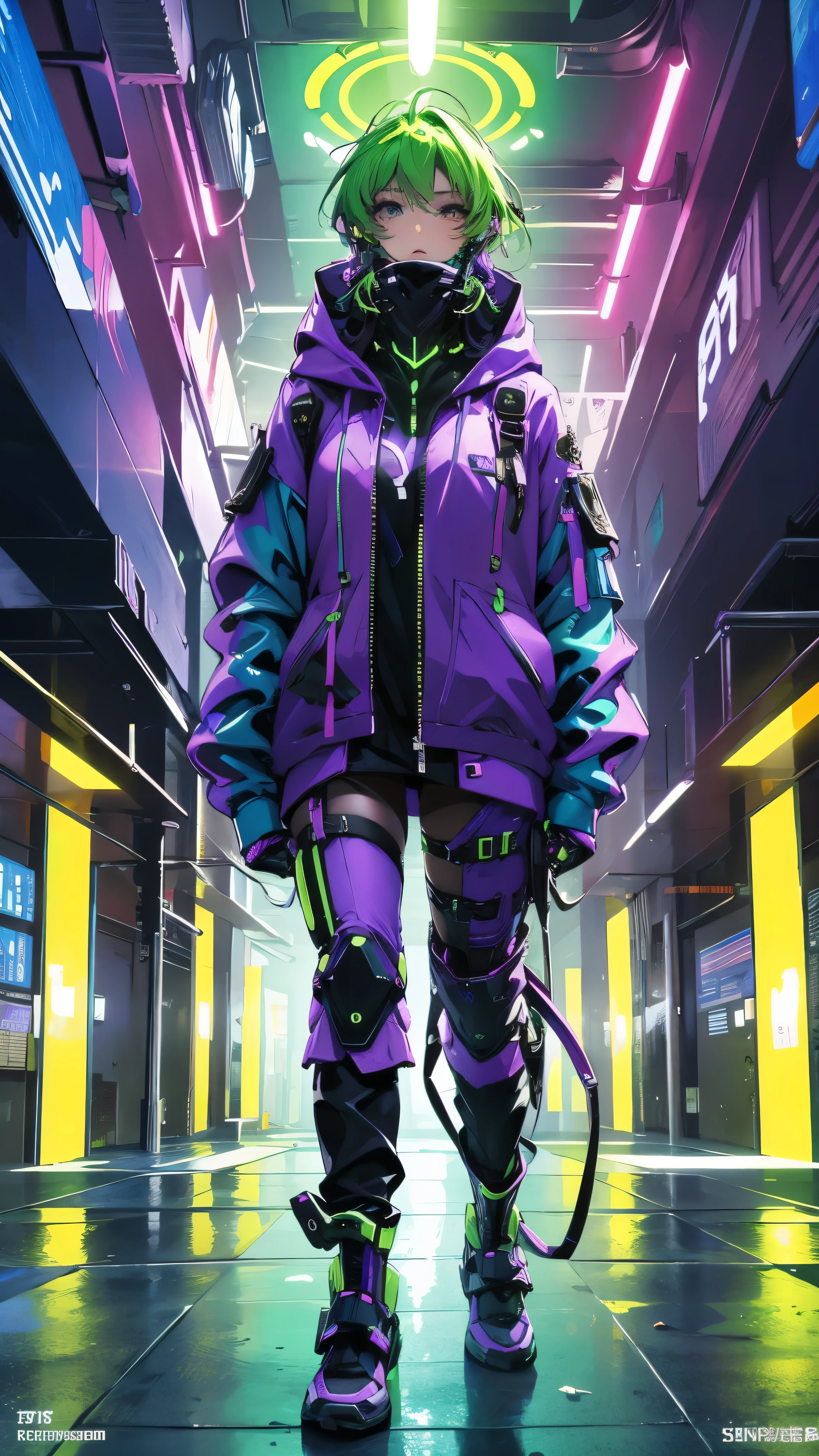 cyber punk, Light green and purple outfit, Large hoodies, cinematic lighting, UHD, high details, best quality, highres, 8k