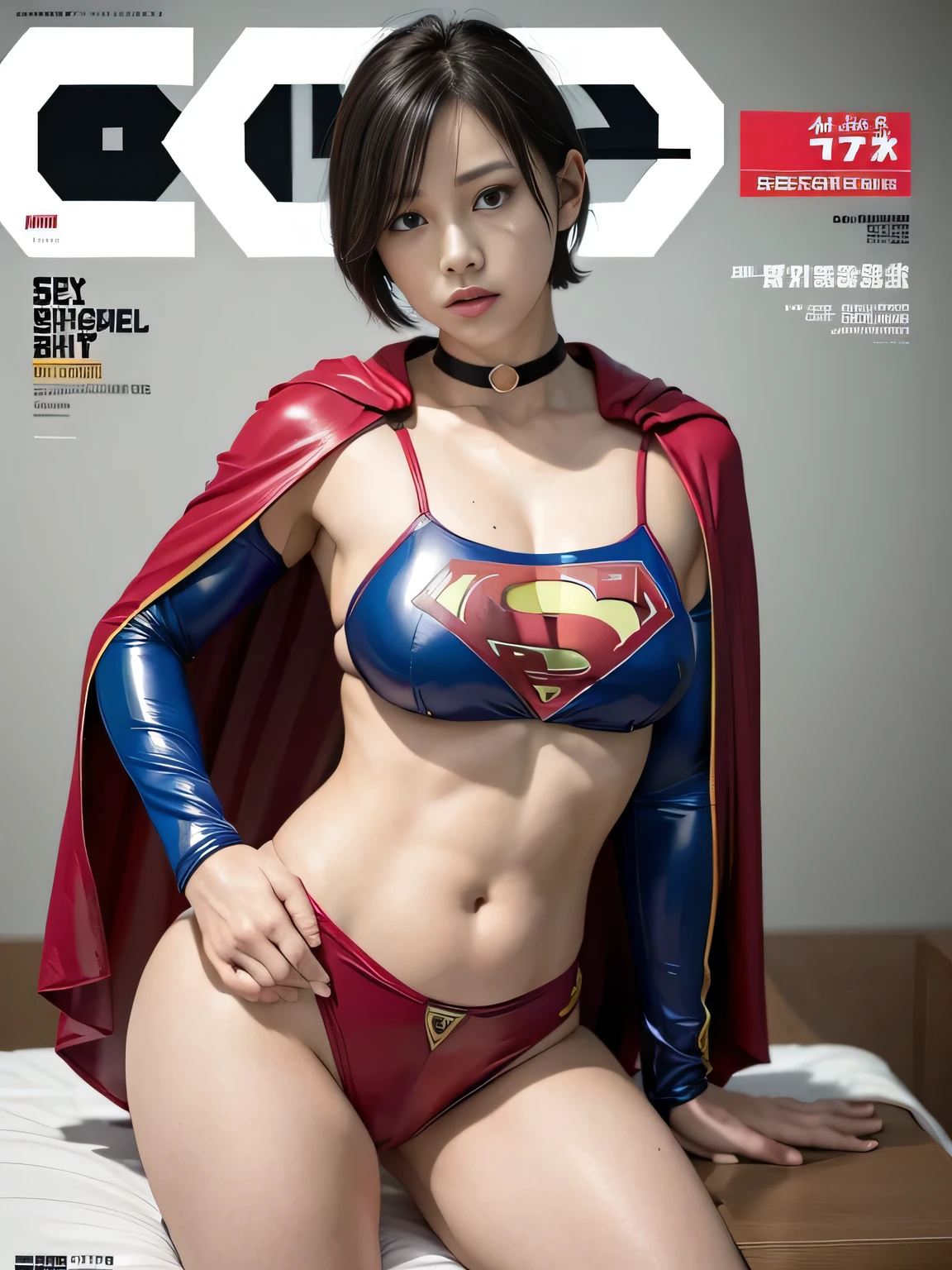 masterpiece、Rubber Supergirl Costume、Short Hair、Hospital operating table、Crisis situation、Big and ample breasts、looking at the camera、Shiny、Off the shoulder、choker、Long sleeve、exy poses to seduce、Sweaty skin、Model body type、Alluring、charm、Enchanting、Abused、test subject、victim、Wild、Photorealistic、latex、Expose your belly、athlete、High leg、Photo magazine cover、Cape、Sexy abs、wallpaper for pc、