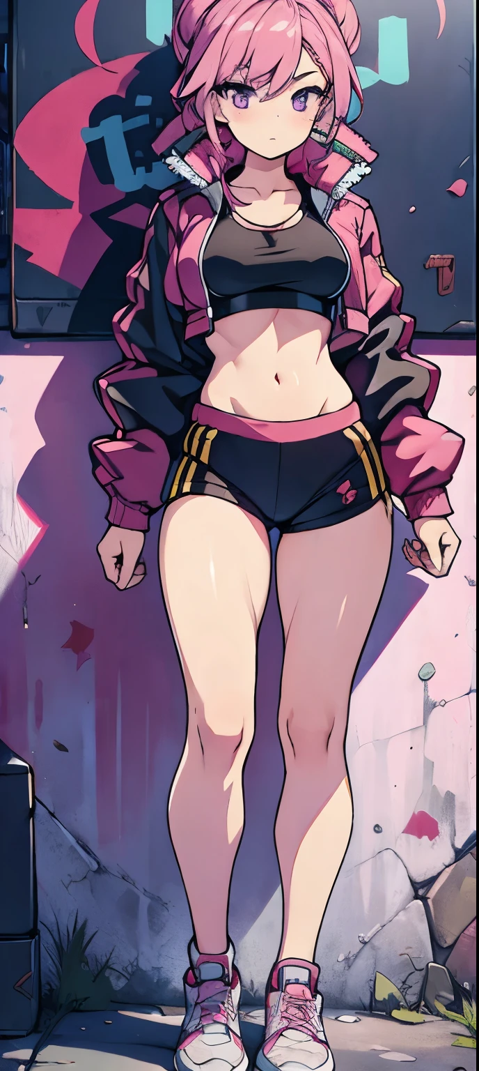 (masterpiece, best quality, 1girl, solo, intricate details, chromatic aberration), realistic, ((medium breath)),long hair, pink hair, red head ornament, pink highlights, hair over one eye,purple eyes, earrings, sharp eyes, choker, neon shirt, open jacket, crop top, (symmetry eyes),(perfect symmetrical body),against wall, brick wall, graffiti, dim lighting, alley ,look at viewer, woman at a gym, cute, front Pose, fitness girl, standing, erect Pose, symetrical, fitness model, skinny, Red sneakers, best qualityer, relaxed arms, hands down, ankle, fullbody view, stand straight with your back upright. Keep your shoulders back and maintain a straight line from your head to your feet, symmetrical frontal view, face aligned, 