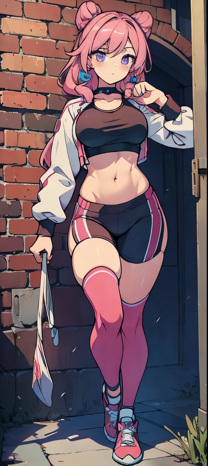 (masterpiece, best quality, 1girl, solo, intricate details, chromatic aberration), realistic, ((medium breath)),long hair, pink hair, red head ornament, pink highlights, hair over one eye,purple eyes, earrings, sharp eyes, choker, neon shirt, open jacket, crop top, (symmetry eyes),(perfect symmetrical body),against wall, brick wall, graffiti, dim lighting, alley ,look at viewer, woman at a gym, cute, front Pose, fitness girl, standing, erect Pose, symetrical, fitness model, skinny, Red sneakers, best qualityer, relaxed arms, hands down, ankle, fullbody view, stand straight with your back upright. Keep your shoulders back and maintain a straight line from your head to your feet, symmetrical frontal view, face aligned, 