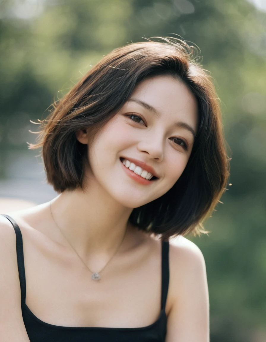 xxmixgirl, Upper body of a beautiful cute long face Japanese girl, happy smiling, Stick out your tongue, still from the film, ((young Marion Cotillard face : 1.0)), ((young Anne Hathaway face: 0.8)), side shot, portrait photo of a cute 25 y.o woman, looks at viewer, full lips, beauty natural skin, skin moles, starry night, (cinematic, film grain:1.1), ((asian winged eyes, very long and slender slim face, windy tousled, shoulder lenght straight black blunt bob, stapless crop top)), Leica SL3, Summicron-SL 75mm ASPH, F/2, (cinematic still:1.2) Kodak Gold 200 film, bokeh, rim lighting, silhouette, shallowed depth of field, dynamic hands up,