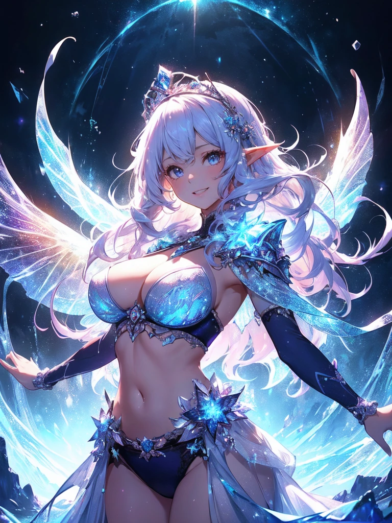 最high quality、1 woman elf facing forward、Figure skating、beautifulポーズ、　Super beauty、)((underwear))'、beautiful瞳、tears、universe、Huge galaxy、beautiful装飾、brassiere、panty、Ice tiara、Swirling Ice、Crystal of snow、Ice Palace、Ice rink、最high quality , fractal art.、Glowing ice、Bold Pose、Bold composition、　bikini、beautiful胸、Large Breasts　((Laugh beautifully、))((Glowing ice　))SMqueen、beautiful顔、Orgasm、Ecstasy、全身beautiful装飾の下着、World of Illusions、Ice crystals、Crystal of snow、Bigger on the front、 beautiful輝き,High-definition depiction, Realistic, 8k, Unity, beautiful太もも,,Giant Devil's Wings、虹colorに輝く翼、detailed groin、 low angle、light smile, Beautifully and vividly drawn, , beautiful beautiful透き通る肌、輝くbeautiful装飾の魔法、Open your arms in prayer、、beautiful装飾、 , beautiful、 Romanticism,mosquito。 混沌の最もbeautiful形, Mr..々color, Intertwined flowers, P article,Magical gentle light,smile,,image quality、masterpiece、beautiful顔、Super beautiful elf woman((Big breasted 22 year old office lady、Bust 120,Beautiful long ironed hair、beautiful髪、height: 165cm。、Esbian、、high quality、、Visual Arts、最high quality、1 womanエルフ NP: Worst quality ,beautiful fractal art　、frozen、、light、Beautiful radiance,High-definition depiction, Realistic, 8k, Unity, , light smile, Beautifully and vividly drawn, , Beautiful, beautiful, clear skin、 Countless rays of light pouring down, Swirling Light, big background, , Intense light is emitted from the magic circle in front of the girl. Romanticism,Cowboy Shot:  最high quality　Artwork、uhd