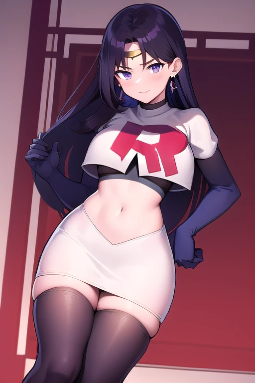 ReiHino, long hair, circlet, jewelry, kizukiAI, mature woman, crescent earrings, team rocket,team rocket uniform,white skirt,red letter R,crop top,black thigh-highs,black elbow gloves, earrings,