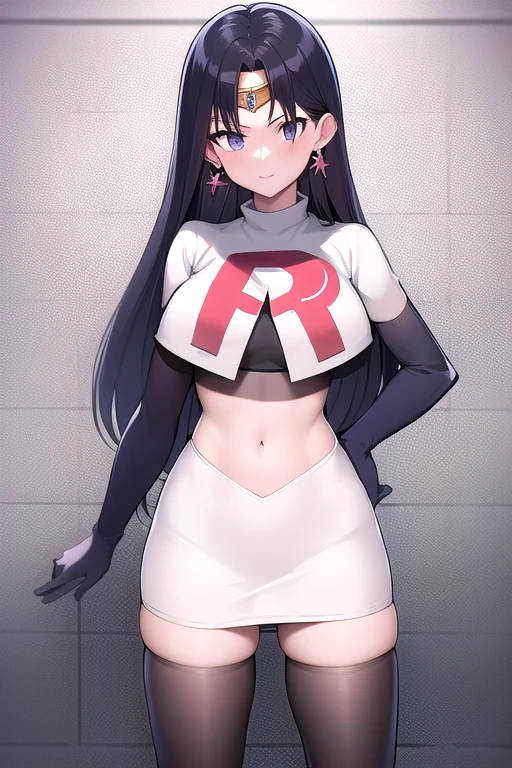 ReiHino, long hair, circlet, jewelry, kizukiAI, mature woman, crescent earrings, team rocket,team rocket uniform,white skirt,red letter R,crop top,black thigh-highs,black elbow gloves, earrings,