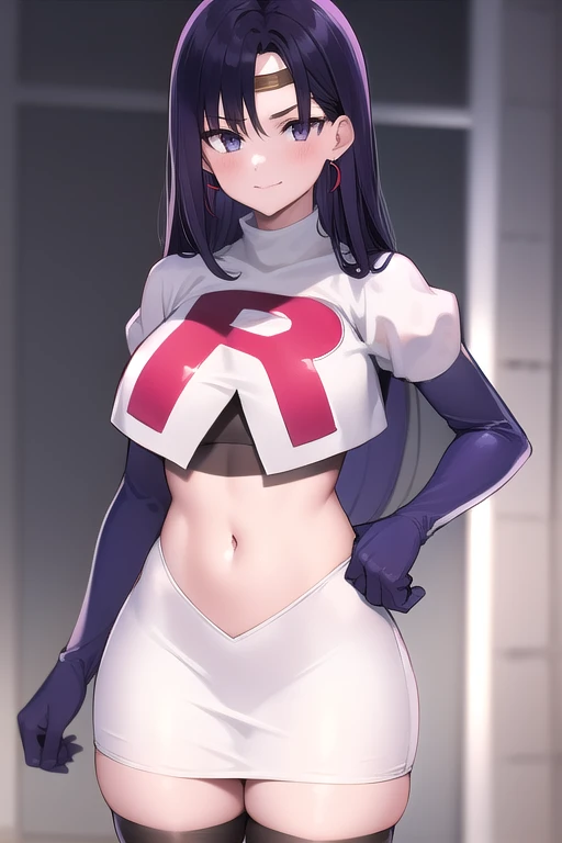 ReiHino, long hair, circlet, jewelry, kizukiAI, mature woman, crescent earrings, team rocket,team rocket uniform,white skirt,red letter R,crop top,black thigh-highs,black elbow gloves, earrings,