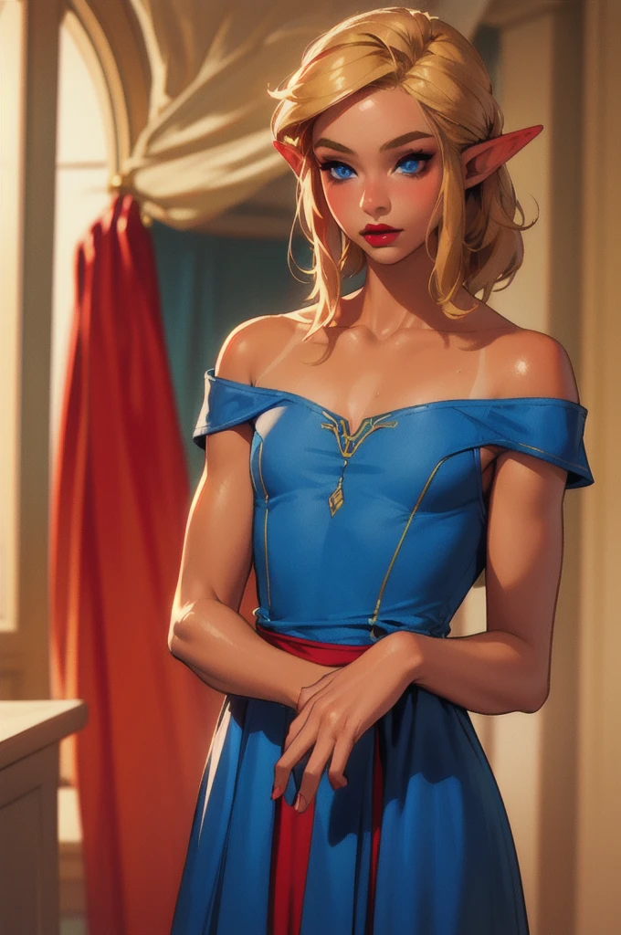 1 boy, solo, 1 boy, solo, solo, masterpiece, best quality, 18 years old, link, elf, tan skin, long blonde hair, blue eyes, eye shadow, lipstick, red dress, strapless backless dress,