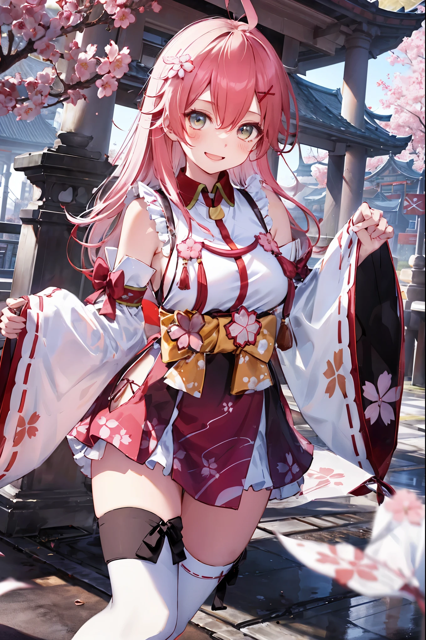 masterpiece, best quality, highres, miko1, sakura_miko, 1girl, big_, solo, ahoge, x_hair_ornament, pink_hair, floral print, hairclip,(side_less_clothes:1.5), (side_boobs, hair_bell, floral print, long_hair, hair between eyes, one side up, white thighhighs, asymmetrical legwear, wide sleeves, open_mouth,(happy:1.3),gleen_eyes,big_smile,(rise_leg:1.3),plump,apart_legs,(overly_long_sleeves:1.3),),sleeves_past_wrists,hands_hidden_sleeves,sidelock_clothes,dynamic_posing,solo,hidden_wrists,(XD:1.4),covered_nipples,sucherryblossom_temple_landscape_background,