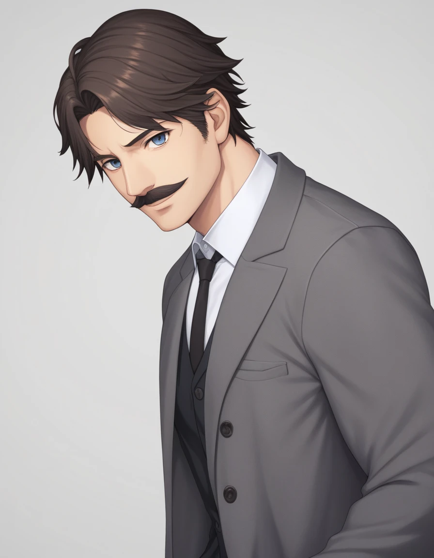1man, mature male, parted bangs, medium-short hair, brown hair, muscular male celeb, short goatee, short mustache, indigo eyes, gentleman, elegant netori male, dark iris, ideal ratio body proportions, BREAK solo, white collared shirt, gray trench coat, black neck ribbon, upperwaist, BREAK in gentle sasaki style, visual novel, 2010s, extreme all detailed, masterpiece, best quality, BREAK score_9, score_8_up, score_7_up, source_anime, score_6_up, score_5_up, score_4_up