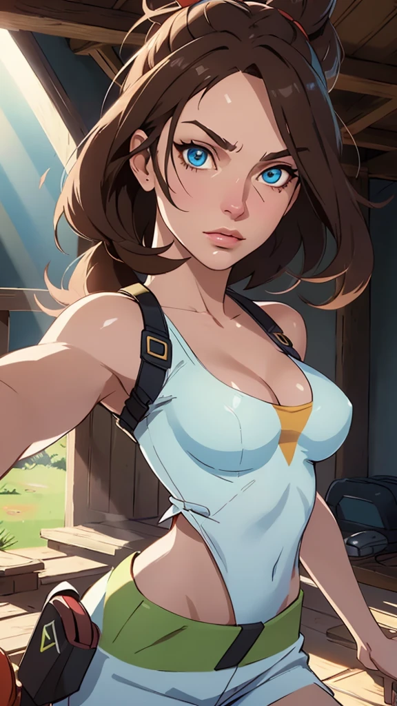 ((((masterpiece, best quality, high resolution)))), Extremely detailed 8K, 1 female, (Pokemon trainer May) wearing a futuristic Pokemon Trainer Gear, (Ultra HD, Ultra-detailed, Highly detailed, Highly realistic, Ultra-realistic, photograph realistic), (1girl:1.5), (Realistic Hair), (dynamic poses), facing at camera, looking at viewer, (a serious focus face), (regular eyes, sharp eyes), (perky breasts:1.2), (beautiful detailed face, beautiful detailed eyes), (dynamic pose), glow, (sunbeam, sunlight), ((cowboy shot)), on the journey background, seductive, EnvyBetterHands LoCon,