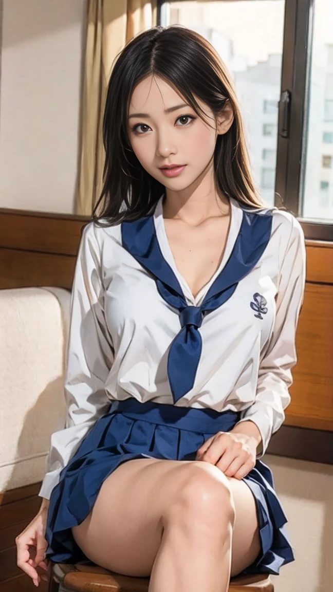 arafed asian woman in a sailor suit sitting on a chair, realistic Young Gravure Idol, Cute school girl, a Surreal school girl, Young and cute gravure idol, Surreal school girl, wearing Japanese , Young Gravure Idol, Japanese girl , Japanese , Young Sensual Gravure Idol, Strike a Pose