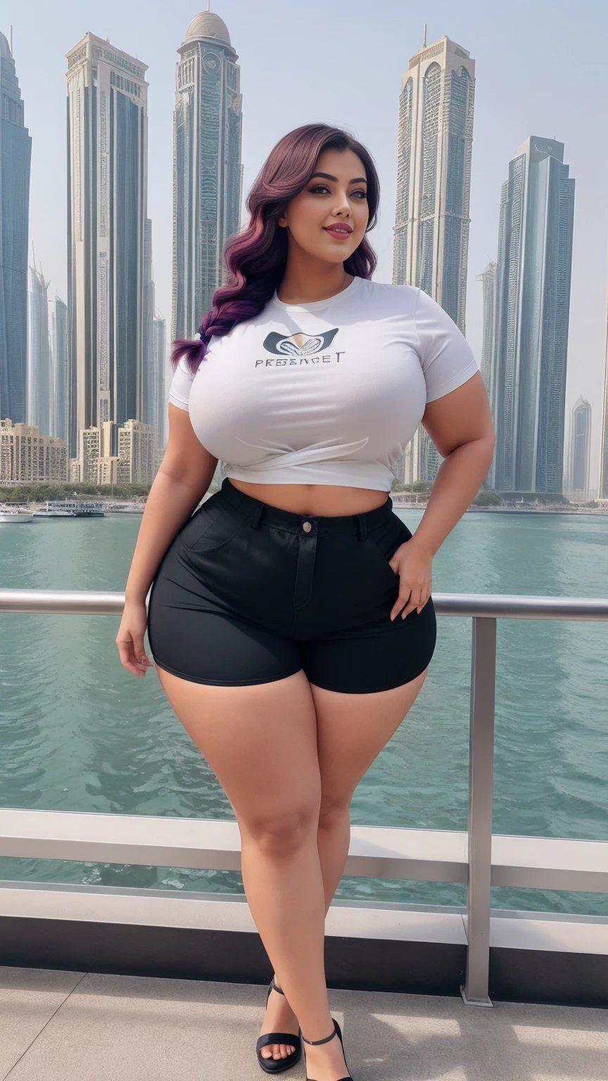 gorgeous curvy plus size Indian bengali actress ritavori , glowing eyes, wearing SHEIN Young Boy Spider Print Short Sleeve T-Shirt And Shorts Set With Bag Color: Red , covered Bust, parted lips, blushing cheeks, thick thighs, bigger waist, busty, curvy plus size body, full body, full body shot, head to toe view, smoothning burgendy color hair with pfrench braid hairstyle, hourglass body, curvy plus size body, smile face, bigger waist, busty, big hips, fleshy thighs, thick thighs, busty, full body view, ultra detail, high resolution, ultra detailed, best quality, amazing, top quality, extremely detailed CG unity 8k wallpaper, full body view, Dubai Marina, UAE: Modern waterfront with skyscrapers and yachts.