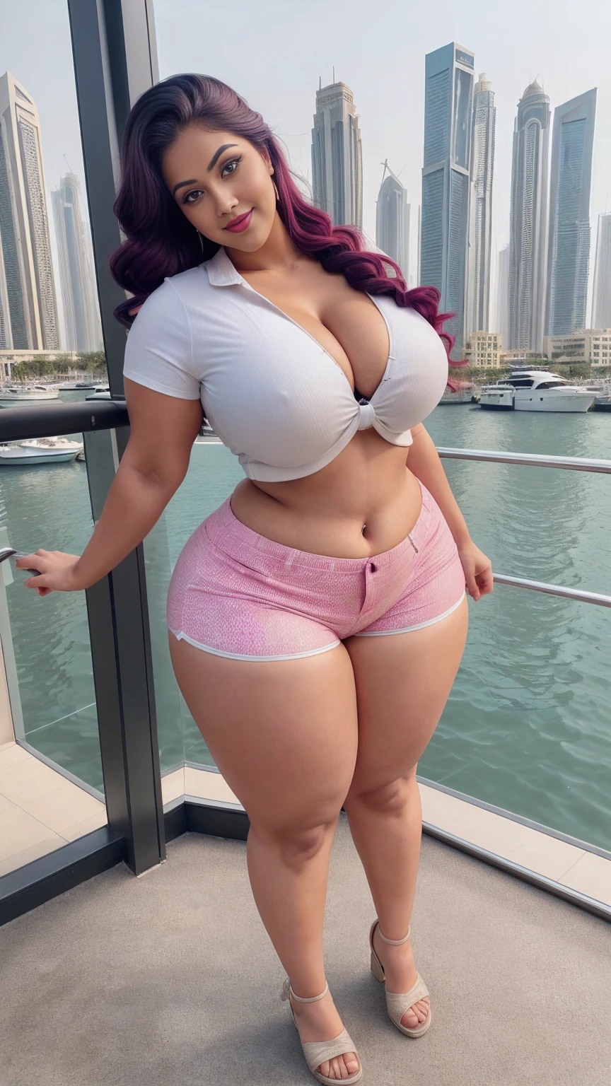 gorgeous curvy plus size Indian bengali actress ritavori , glowing eyes, wearing SHEIN Young Boy Spider Print Short Sleeve T-Shirt And Shorts Set With Bag Color: Red , covered Bust, parted lips, blushing cheeks, thick thighs, bigger waist, busty, curvy plus size body, full body, full body shot, head to toe view, smoothning burgendy color hair with pfrench braid hairstyle, hourglass body, curvy plus size body, smile face, bigger waist, busty, big hips, fleshy thighs, thick thighs, busty, full body view, ultra detail, high resolution, ultra detailed, best quality, amazing, top quality, extremely detailed CG unity 8k wallpaper, full body view, Dubai Marina, UAE: Modern waterfront with skyscrapers and yachts.