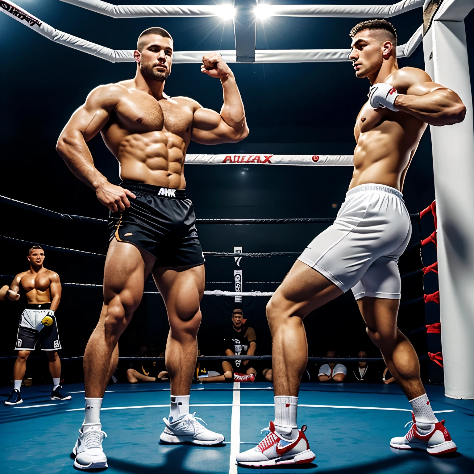full view full body, two shirtless beerbellied over-muscular bloated white european men heavyweights with undercut clean haircuts, lycra jumpuis, white socks nad air max sneakers,  flex double biceps before they fight in an fight club cage match.