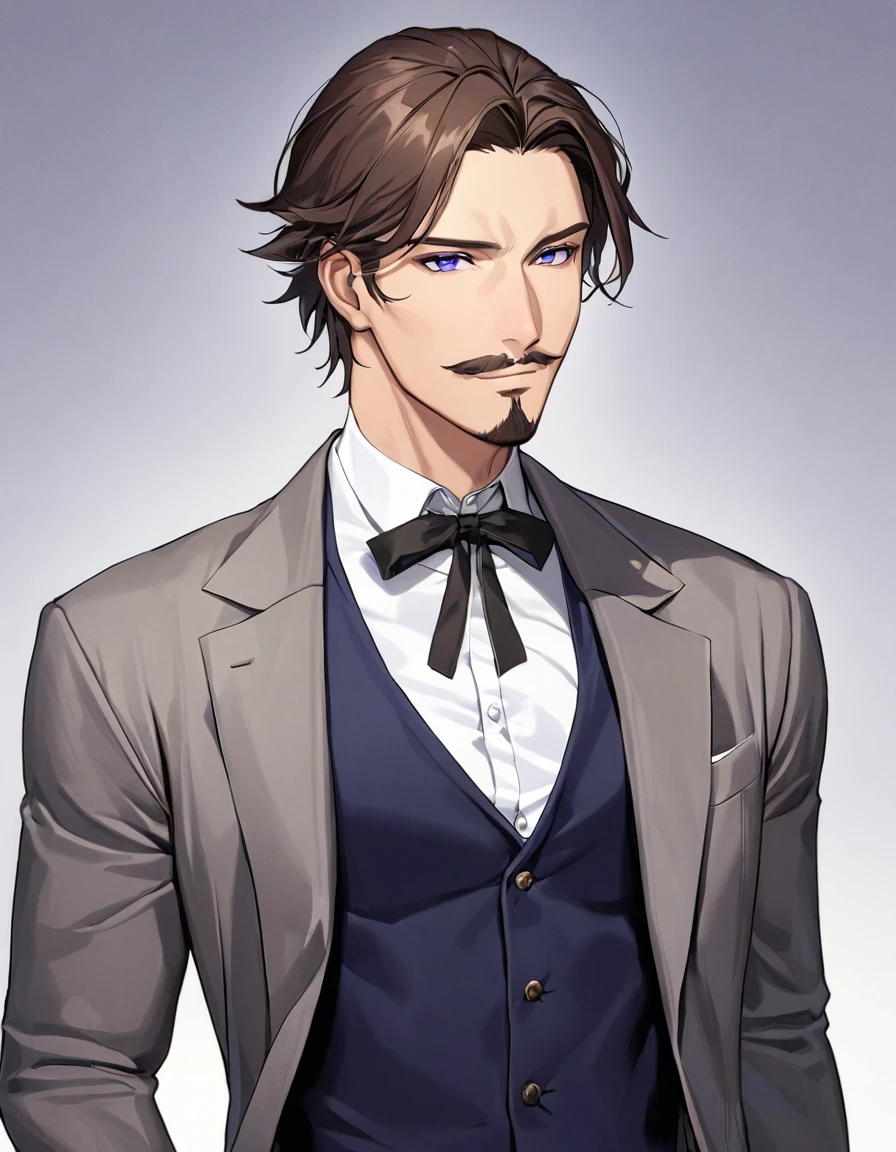 1man, mature male, parted bangs, medium-short hair, brown hair, muscular male celeb, short goatee, short mustache, indigo eyes, gentleman, elegant netori male, dark iris, ideal ratio body proportions, BREAK solo, white collared shirt, gray trench coat, black neck ribbon, upperwaist, BREAK in gentle sasaki style, visual novel, 2010s, extreme all detailed, masterpiece, best quality