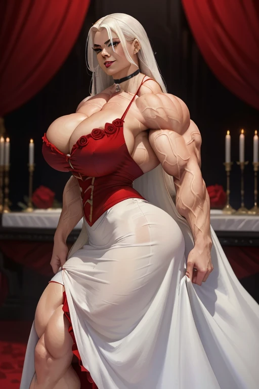 ((Close-up)), tall, (White hair) beautiful muscular woman, long straight hair, light brown skinned, closed smile, (black lipstick), (massive muscles), (hyper muscle), (ginormous bulky muscles), blue eyes, ((red flamenco-inspired dress, long skirt)), (red and vibrant environment:1.3), choker, high heels, (holding a single rose), in a red room filled with roses,